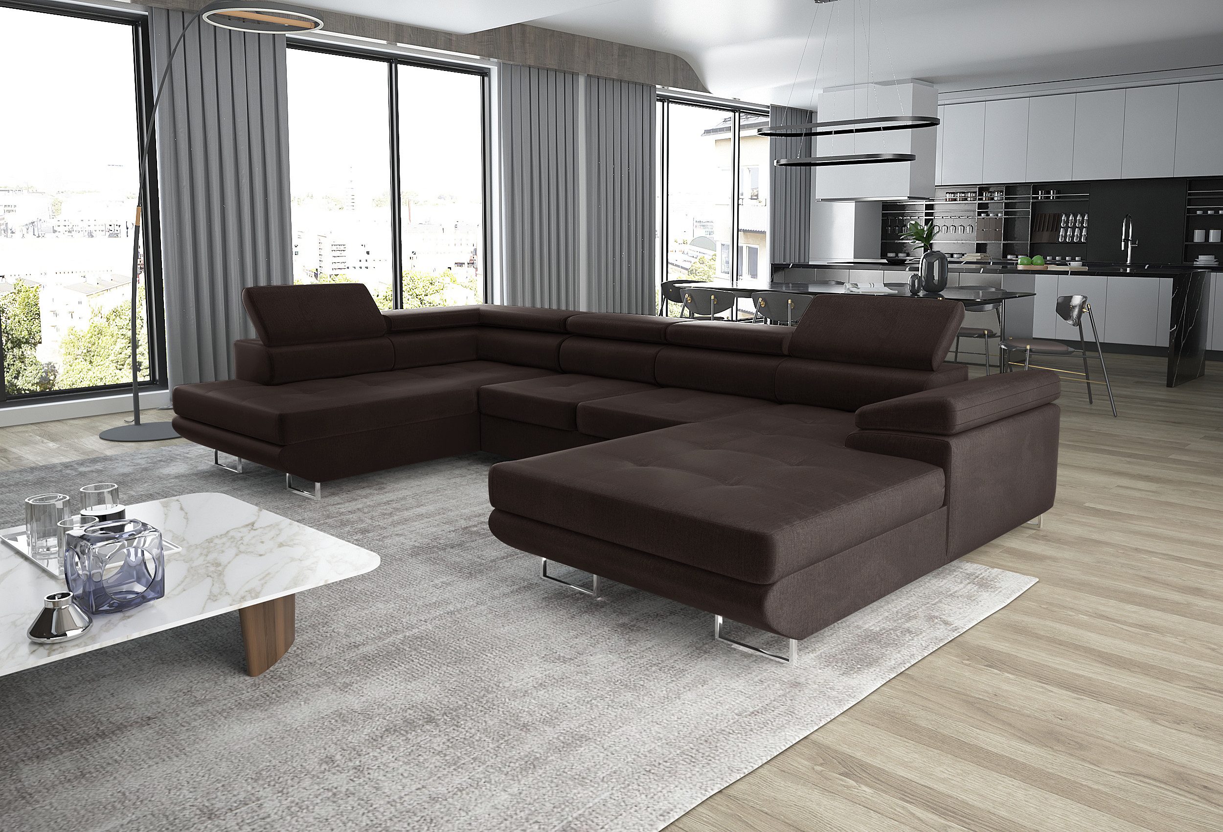 thematys Ecksofa GRENADA in Samt Monolith oder Cord Poso Stoff 355 x 162 cm, U-Form 3 Teile XL-Wohnlandschaft mit Schlaffunktion und Bettkasten