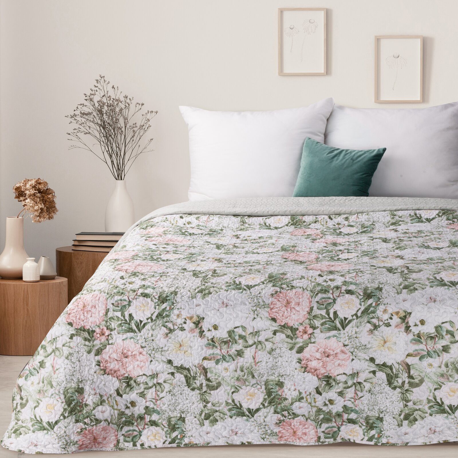 Eurofirany Tagesdecke Tagesdecke 200x220 cm Blumenmuster in Pastellfarben, günstig online kaufen