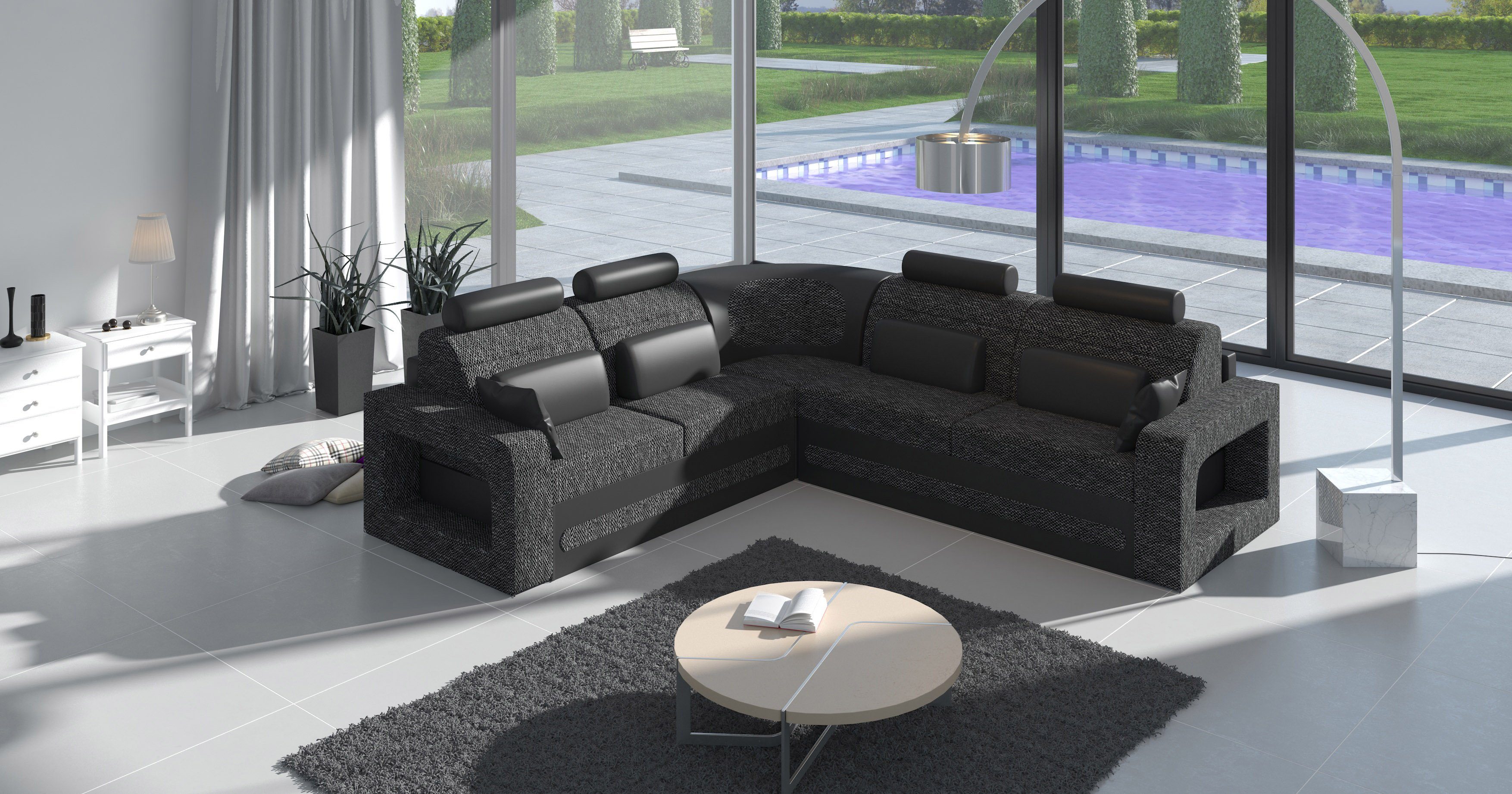 Sofa Polster JVmoebel Ecksofa Bettfunktion Couch Design Schlafsofa Leder Schwarz Ecksofa,