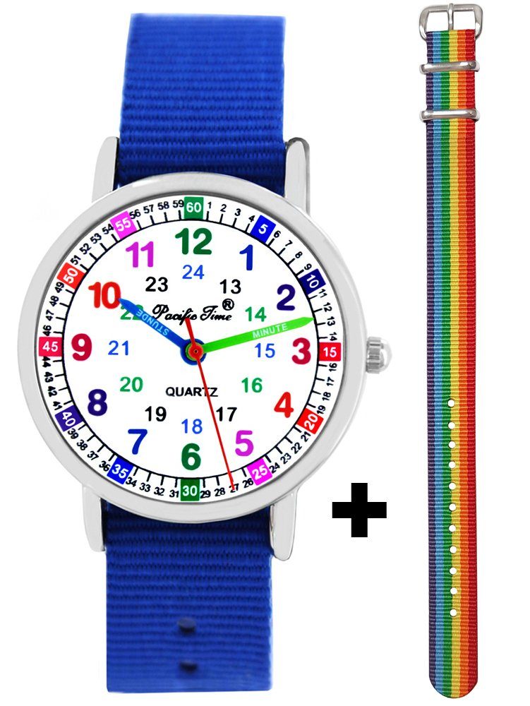 Pacific Time Quarzuhr Kinderuhr Lernuhr Textil 2 Durchzugsband royal blau 12929, + hübsches buntes Regenbogen Armband - Gratis Versand