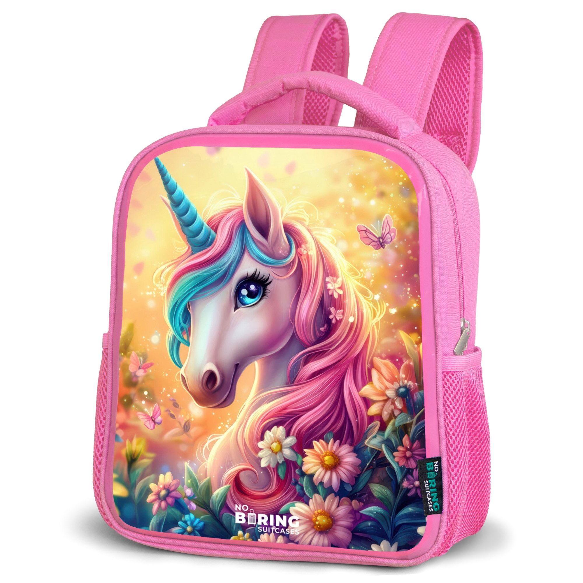 NoBoringSuitcases.com© Rucksack Einhorn mit bunten Blumen, Kinderrucksack, Schulrucksack, Freizeitrucksack, Mädchen, Kindergarten