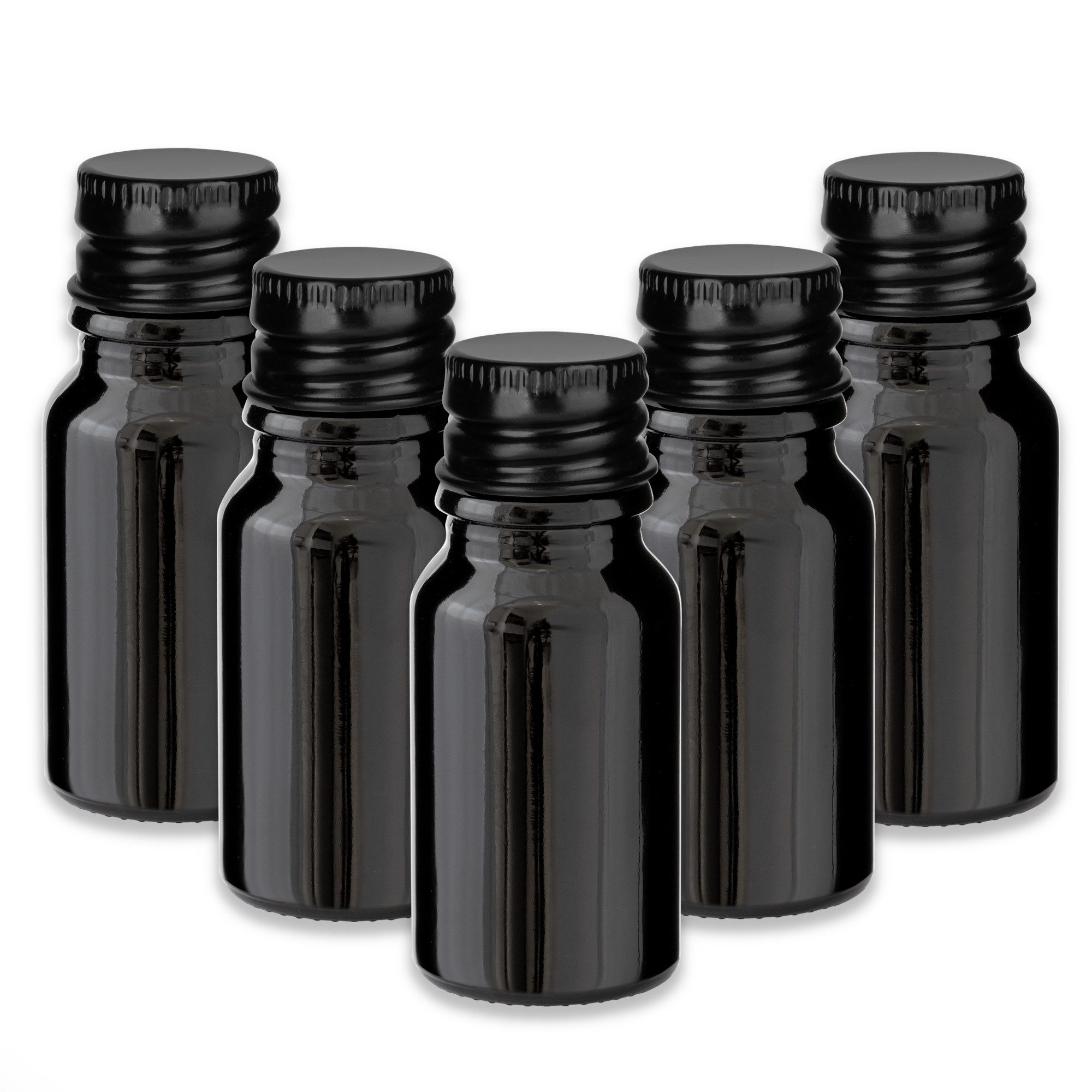 CK Verpackung GmbH Leerglas 5x Schwarze Glasflasche 10 ml mit schwarzem Aluminiumverschluss Kappe