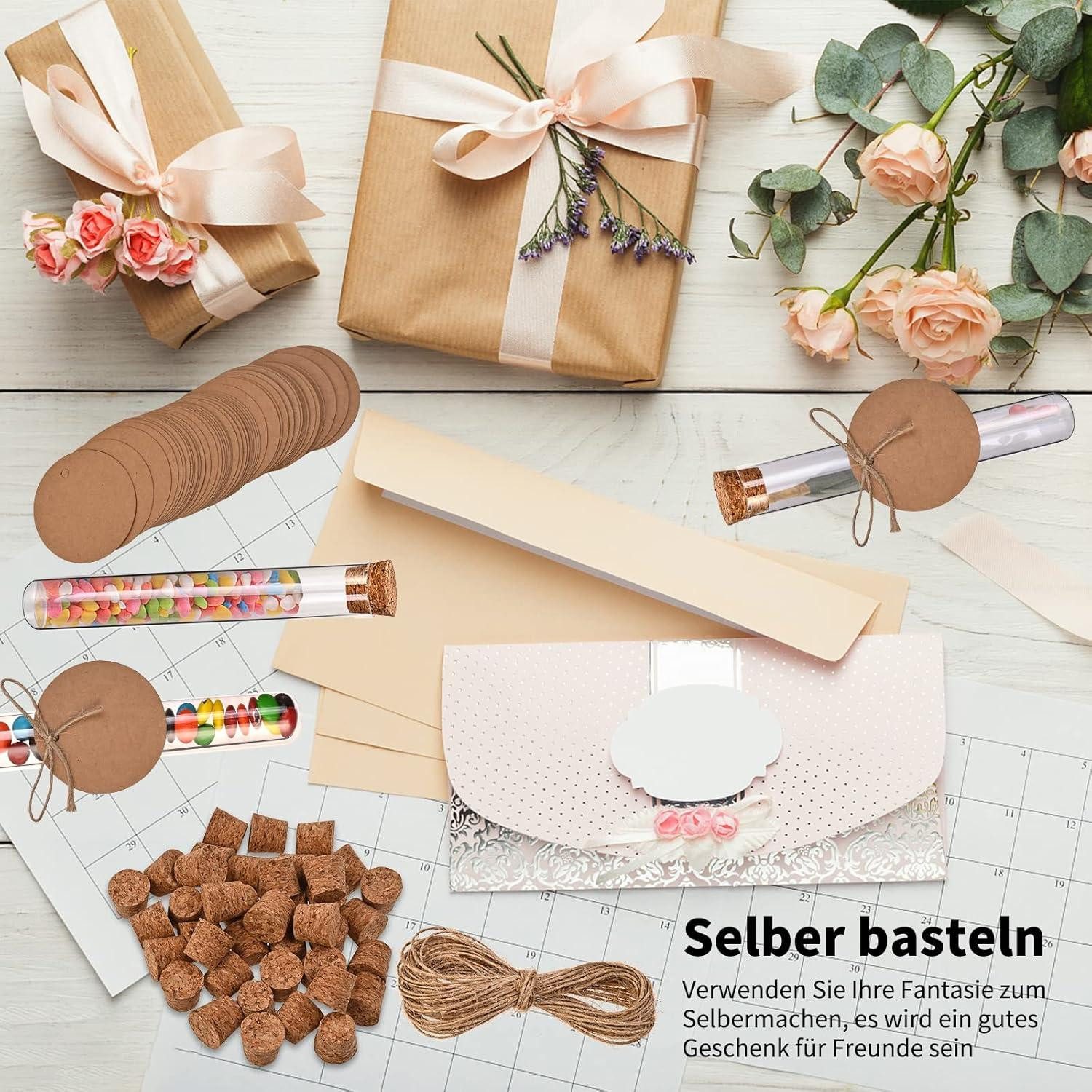 LuxusKollektion Einweggläser 100 Reagenzgläser mit Korken, Kraftpapieranhänger, Hanfseil, Trichter