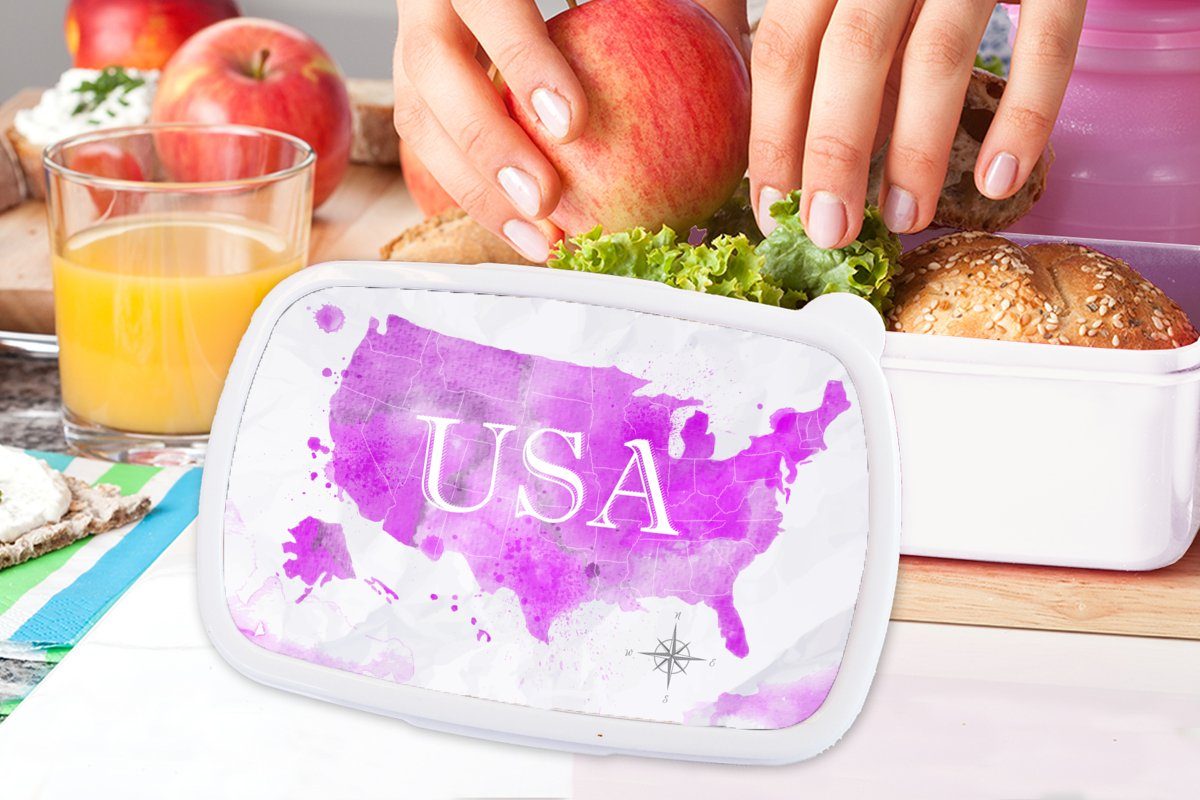 Mädchen MuchoWow Weltkarte Lunchbox für für (2-tlg), Rosa und - Kunststoff, Vereinigte Brotdose, Erwachsene, und weiß Brotbox Jungs - Staaten, Kinder