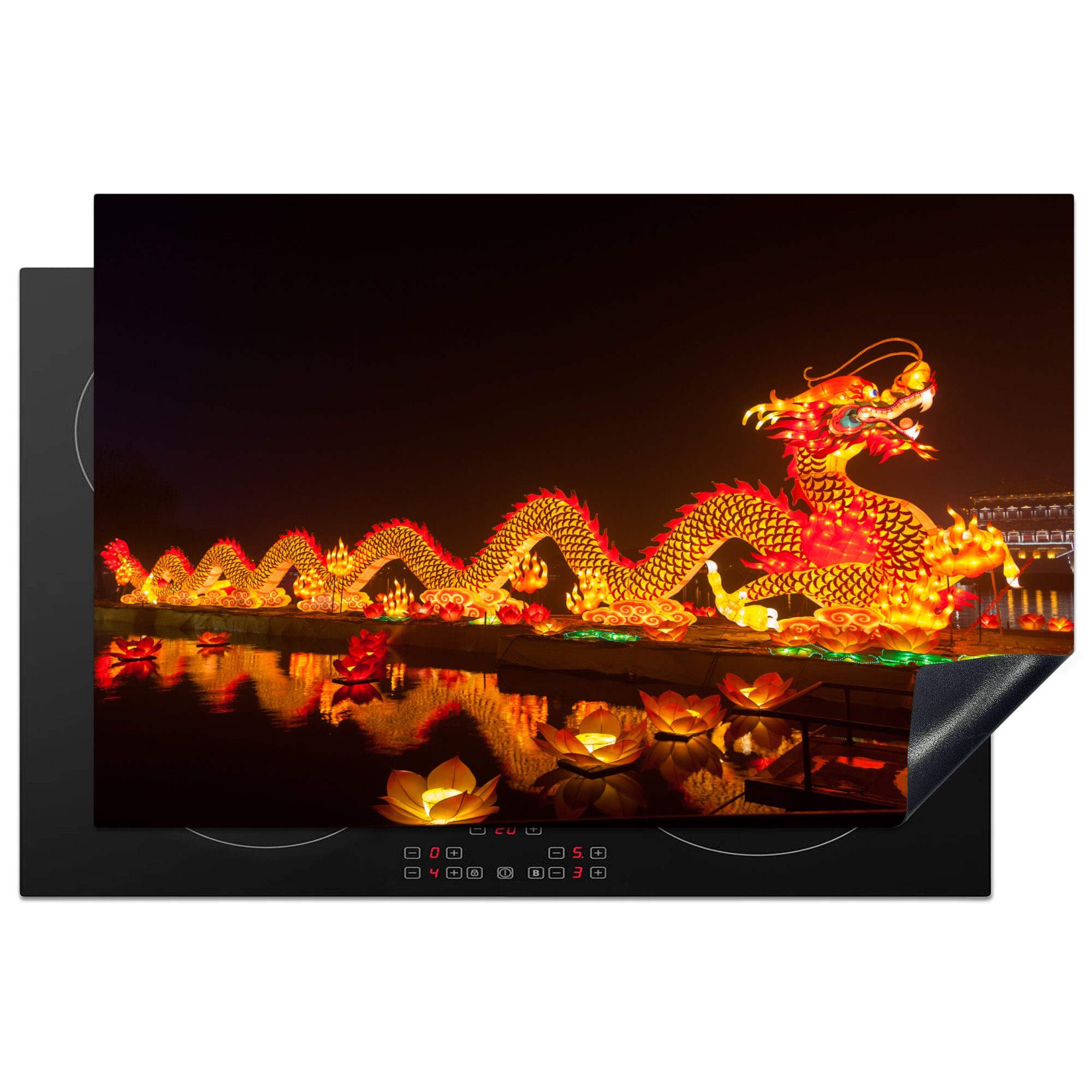 MuchoWow Herdblende-/Abdeckplatte Ein chinesischer Drache mit Licht, Vinyl, (1 tlg), 81x52 cm, Induktionskochfeld Schutz für die küche, Ceranfeldabdeckung | Herdabdeckplatten