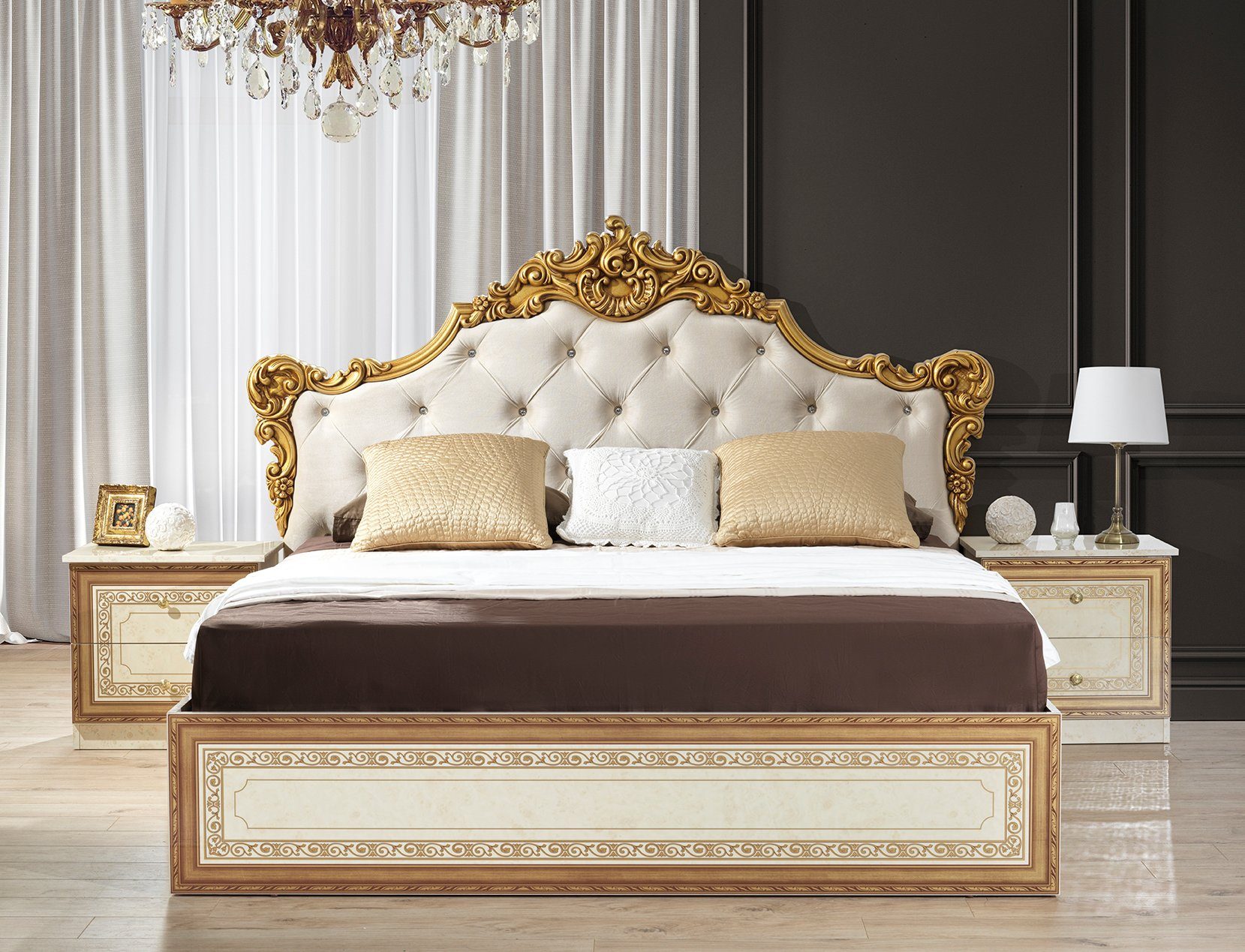 Interdesign24 Schlafzimmer-Set Giulia, (6-teilig, im Hochglanz Stil), in Beige/Gold Barock klassischen