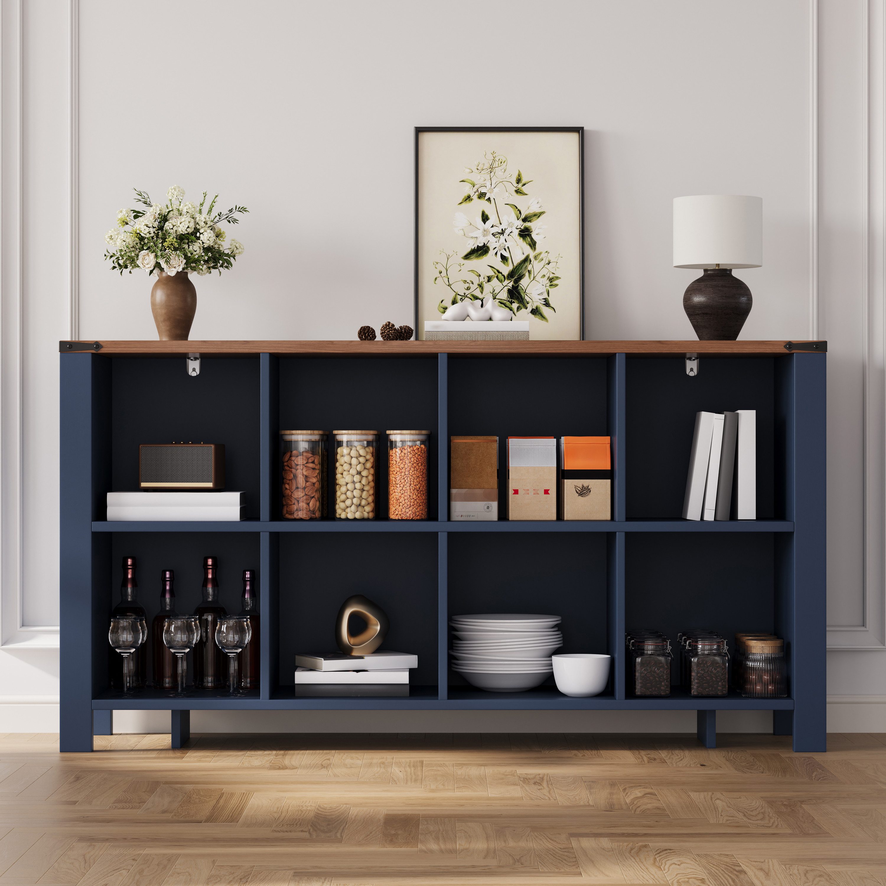 Flieks Bücherregal Standregal Würfelregal mit 8 Fächern, Arbeitsplatte Walnussholzfarbe, 1-tlg., Raumteilerregal Multifunktionsschrank Aktenregal Dunkelblau