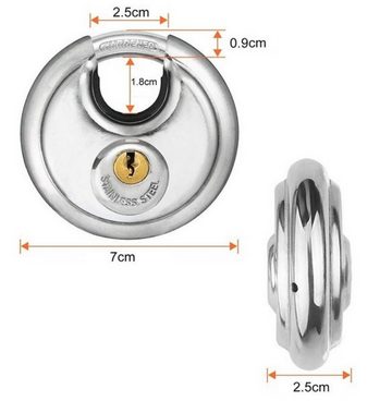 BAYLI Vorhängeschloss Rundschloss 70mm, Sicherheitsschloss mit 2 Schlüssel, Vorhängeschlos