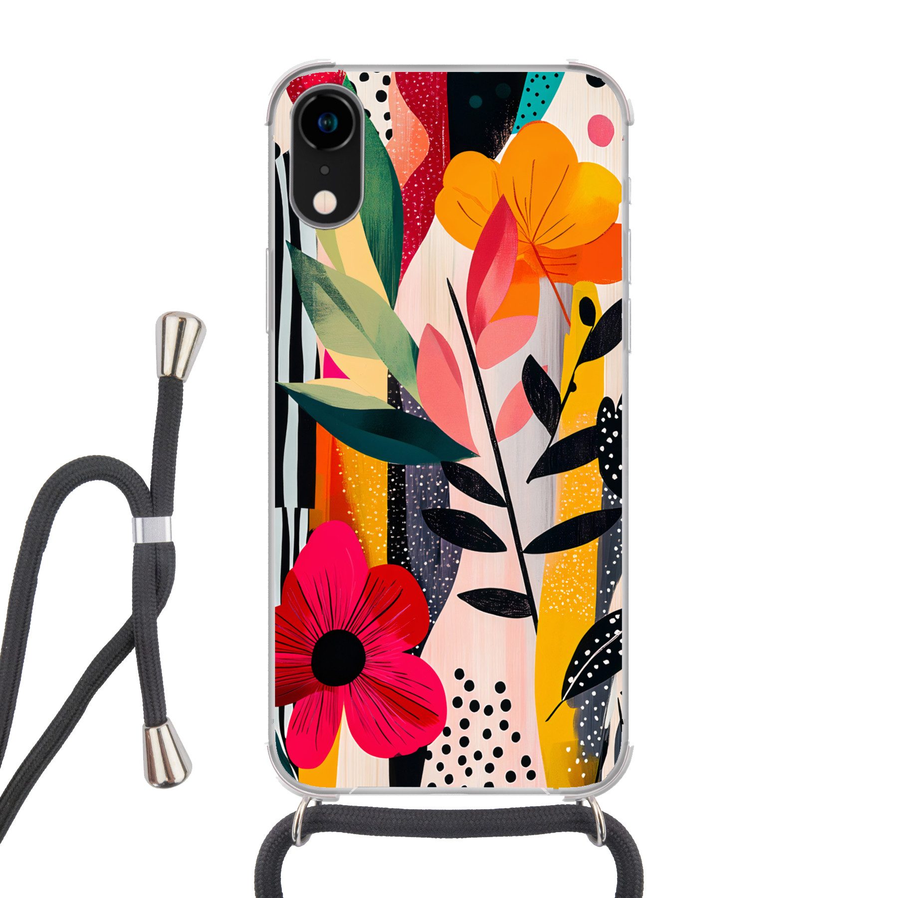 MuchoWow Handyhülle für Apple iPhone XR Blumen - Blätter - Abstrakt - Farbenfroh, Tragbare Handyhüllen mit Kette zum umhängen, Handykette Handyband