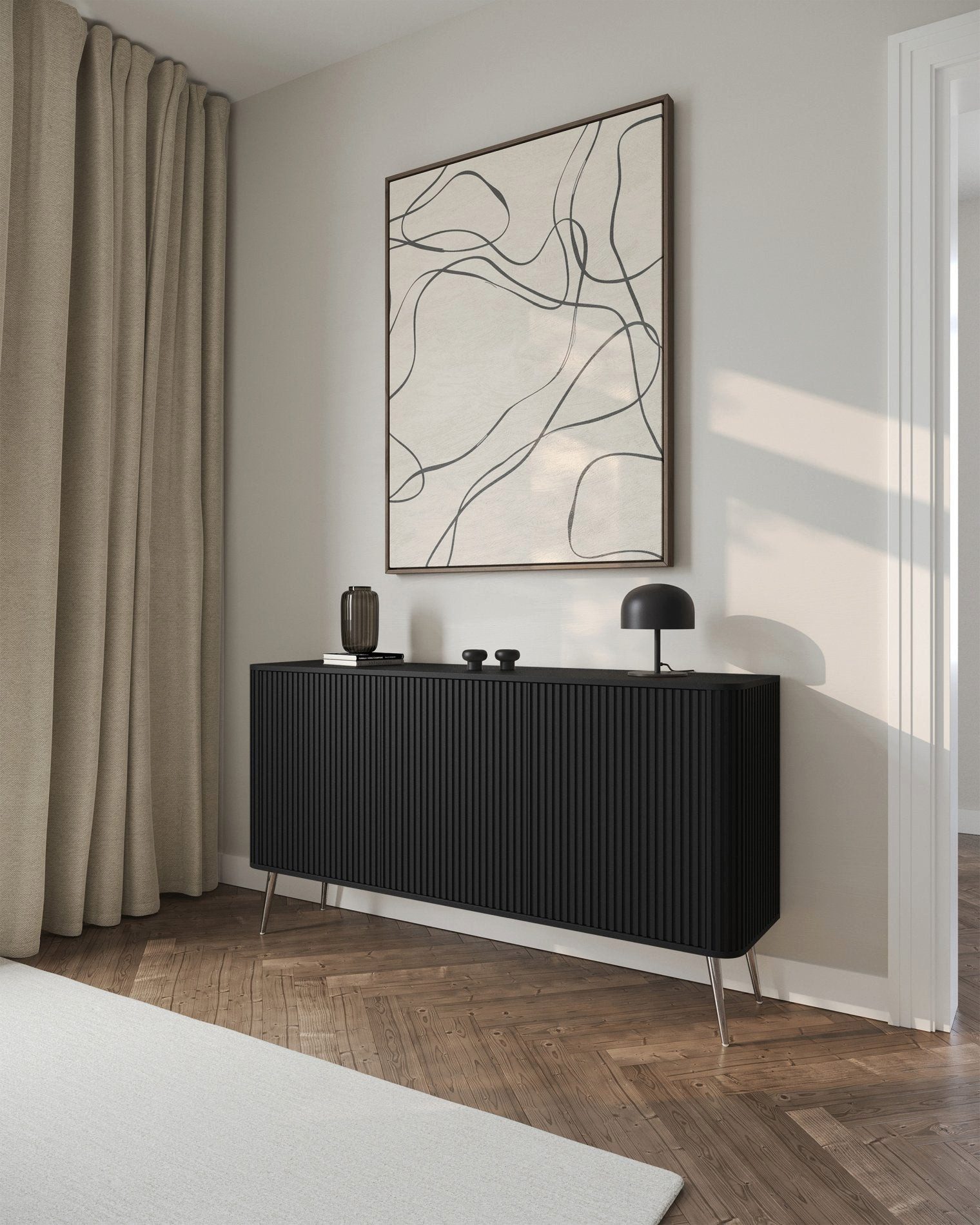 Selsey Sideboard OVARLO, 3-türig mit 6 Fächern, geriffelten Fronten und Metallbeinen