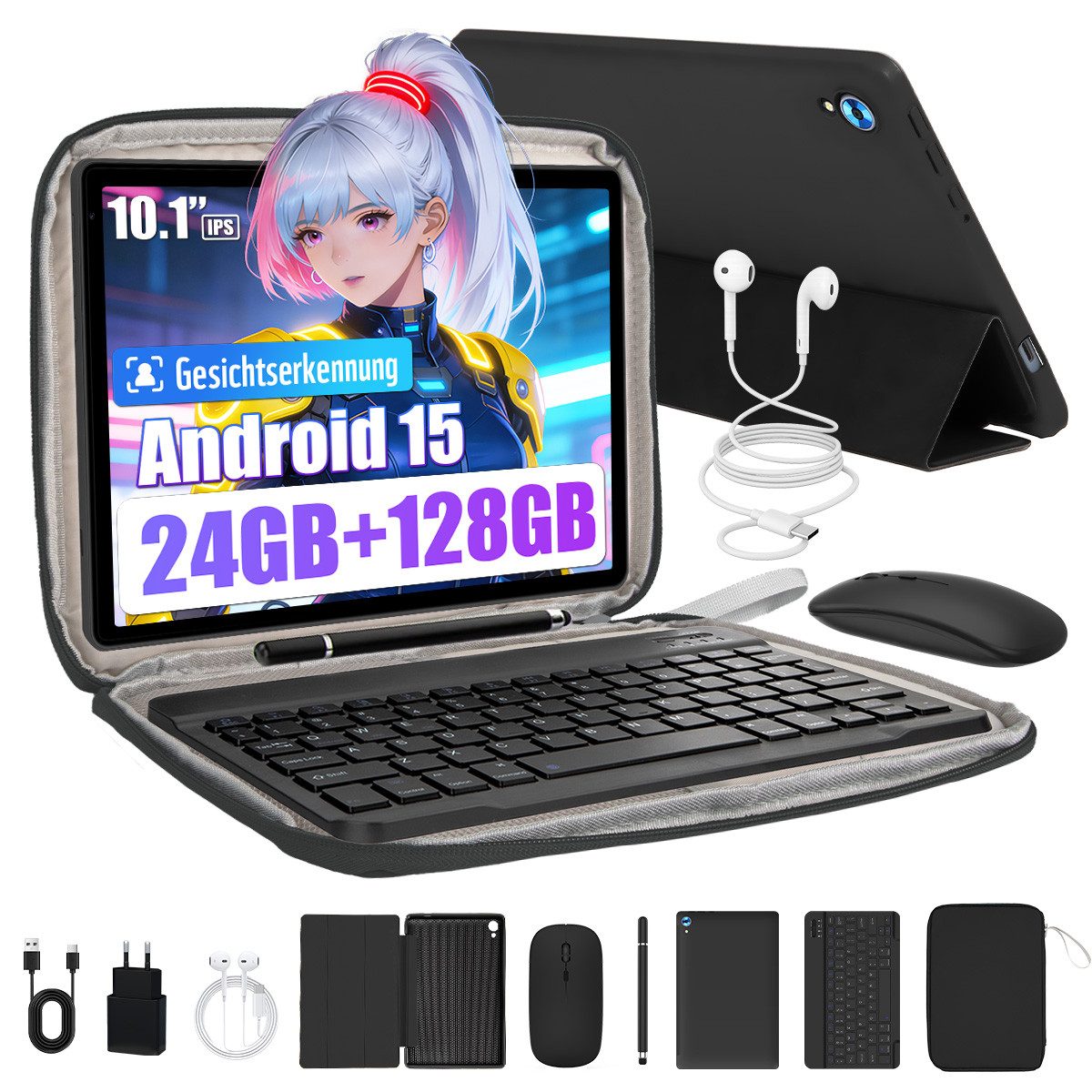 BUFO 10 Zoll Android 15, 4GB RAM 128 GB, mit Tastatur Maus Stift hülle Tablet (10", 128 GB, Android 15, mit AF und Blitz, zwei 1W-Lautsprecher + zwei Mikrofone)