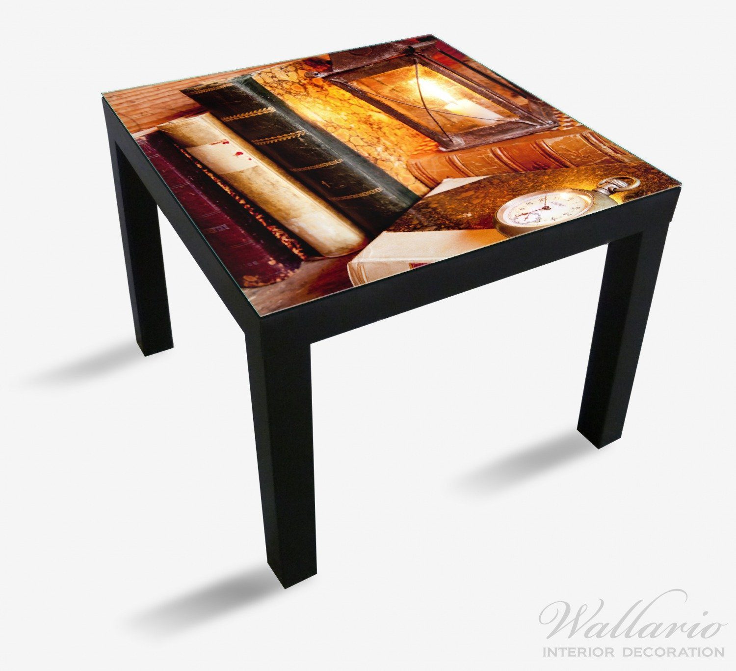 Wallario Tischplatte Antike Laterne Tisch Taschenuhr St), geeignet Lack alten mit und Ikea Kerze für Büchern (1