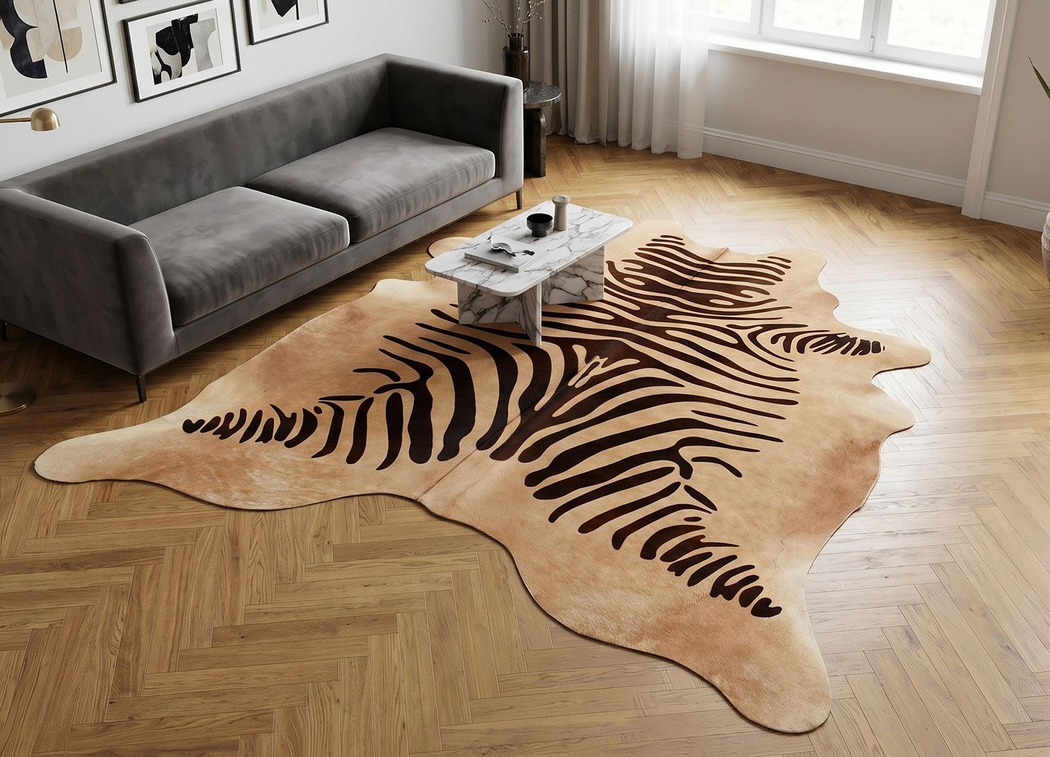KUHFELL online & NOMAD Fellteppich KUHFELL STIERFELL RINDERFELL ZEBRA HELLBRAUN BEIGE MIT ZEBRA PRINT