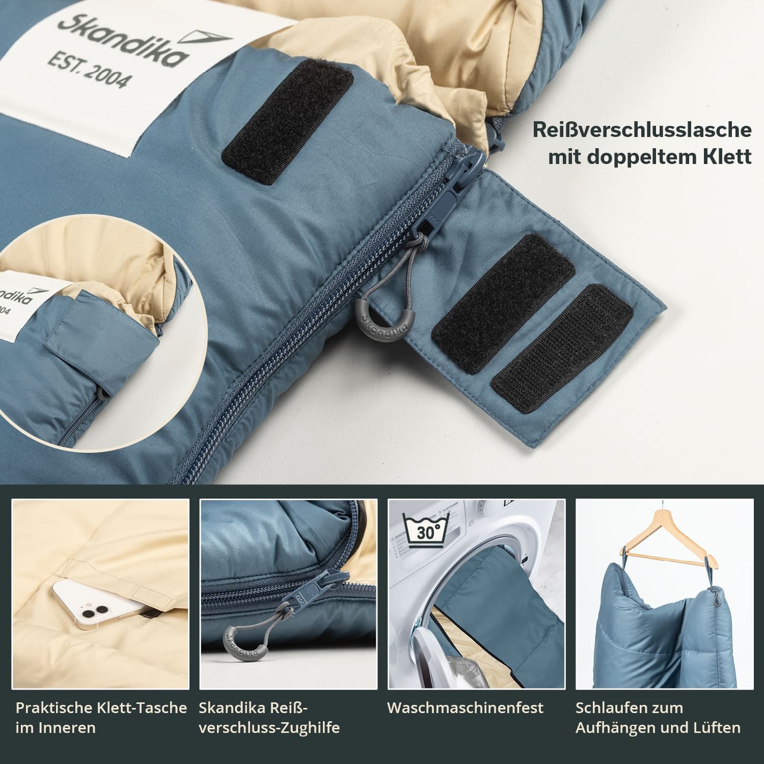 Skandika Deckenschlafsack für Erwachsene, Oppdal 190, 3 Jahreszeiten, bis 7 °C, mit Kopfteil (Wärmeisolierender Stoffsteg gegen Kältebrücke, Innentasche mit Kle – Bild 4 von 5