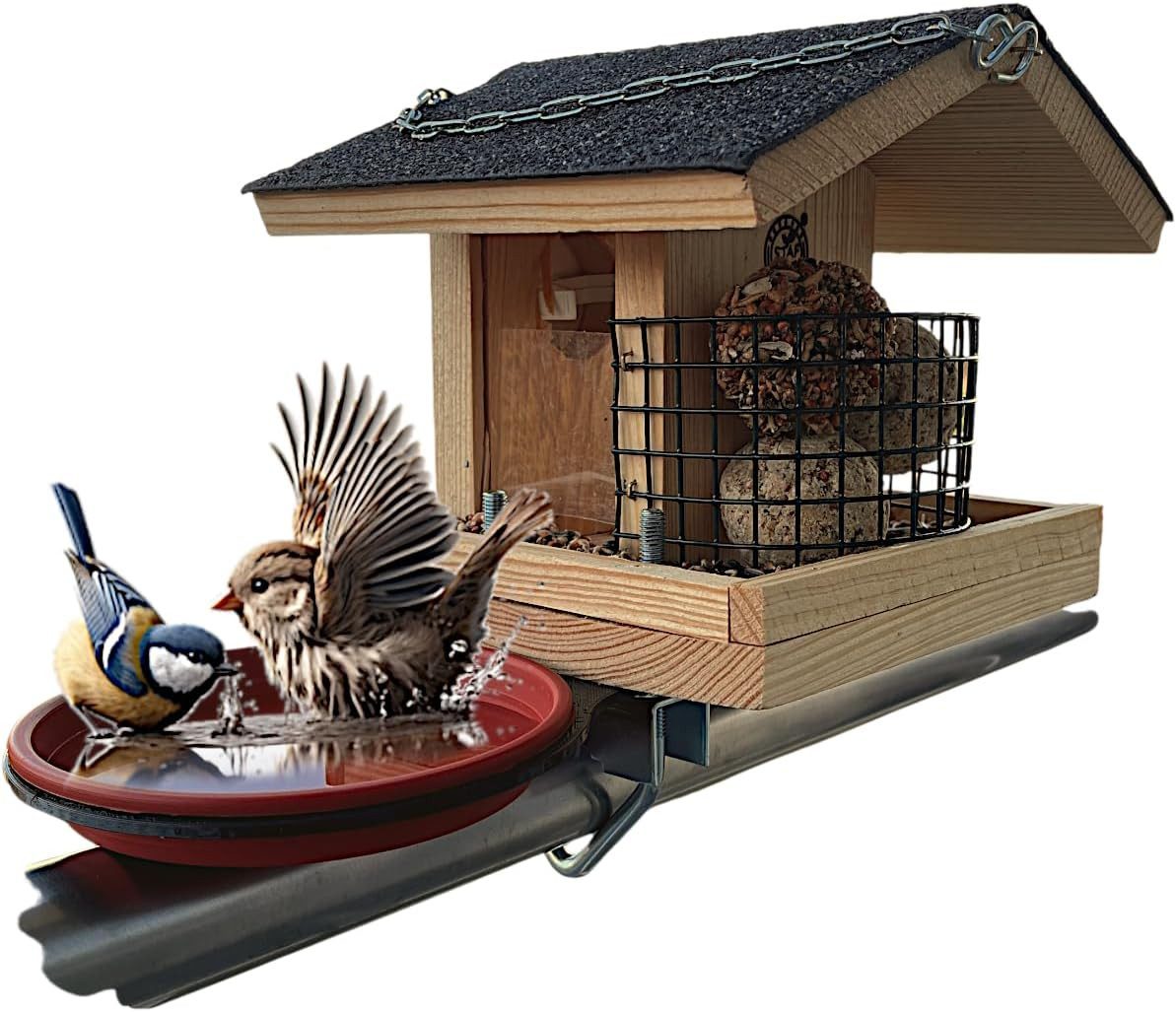 Stafeco Vogelhaus Vogelfutterhaus für Balkon und Garten Futterhaus Handarbeit, Mit Tränke Verschiedene Modelle Mit/Ohne aufklappbares Dach Naturholz