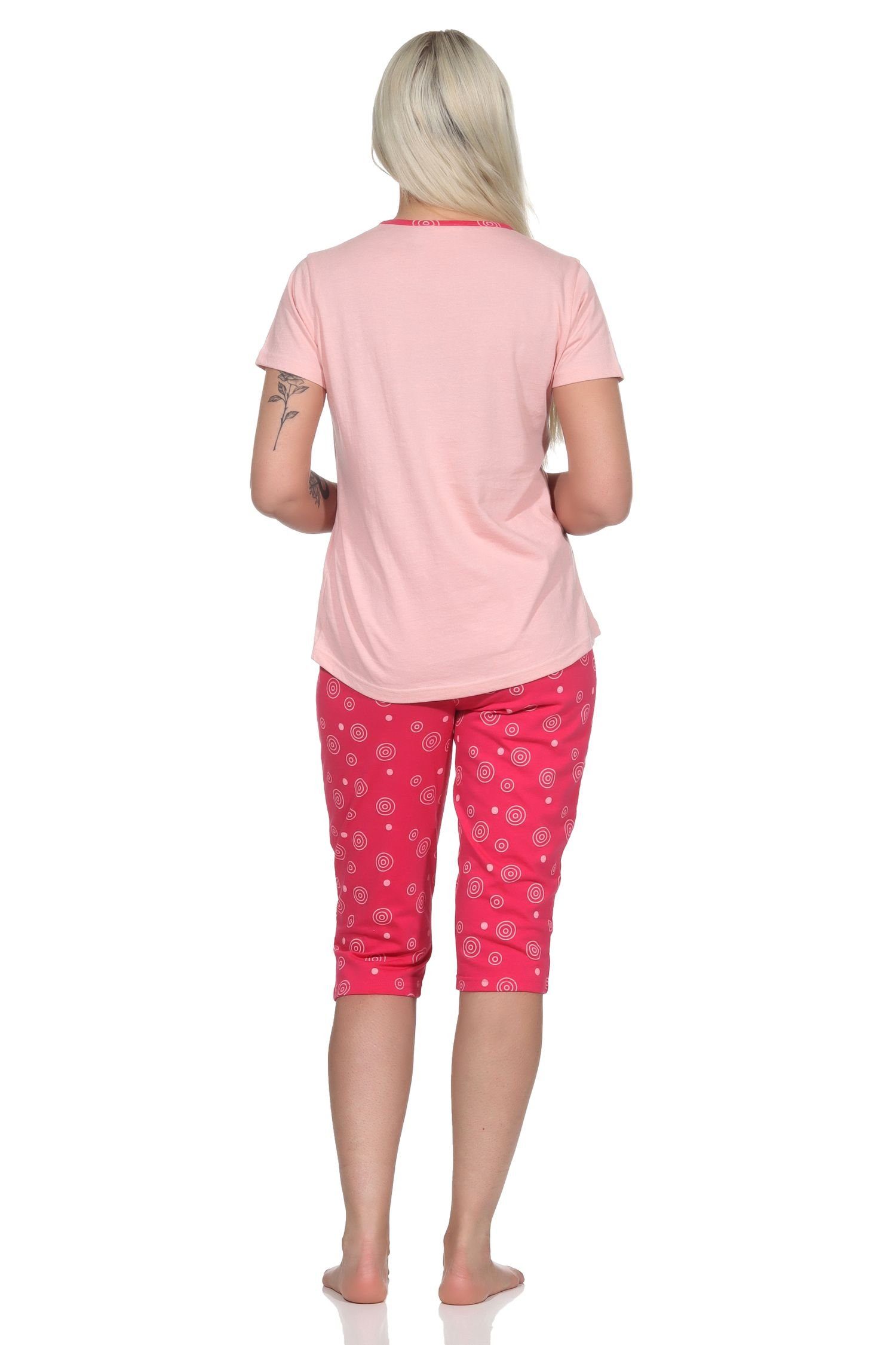 Normann Pyjama Damen kurzarm mit Schlafanzug Eulen-Motiv süßem rosa Capri "Nachteule"