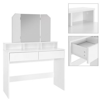 ML-DESIGN Schminktisch Frisiertisch Kosmetiktisch Frisierkommode Schminkkommode Make-up Tisch, Hocker 3-tlg. Klappspiegel Schubladen 100x40x140cm Weiß Moderne