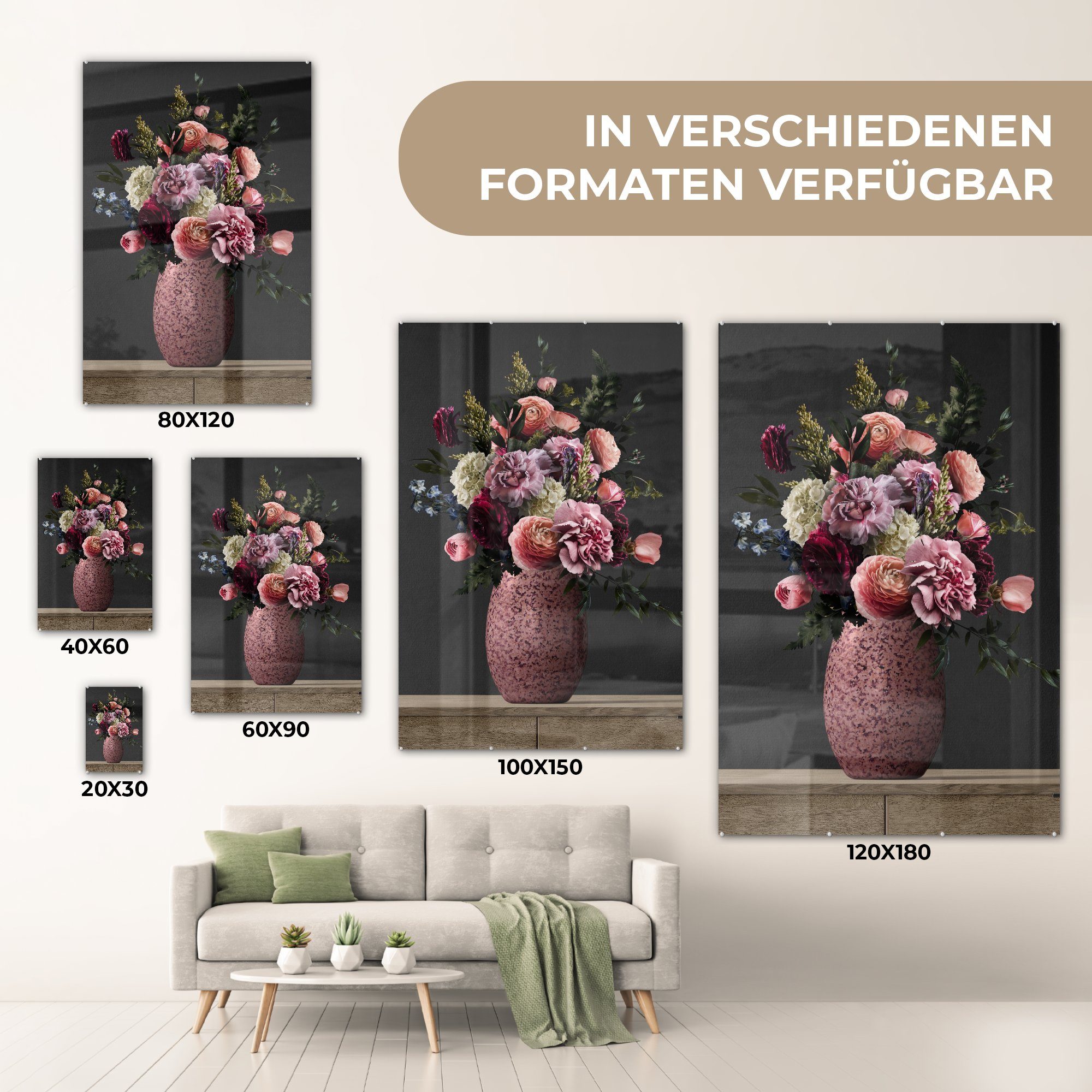 Blumen Vase, Wanddekoration - (1 Bilder - Farben MuchoWow St), Acrylglasbild Glas - Glasbilder Foto auf Glas Wandbild - auf -