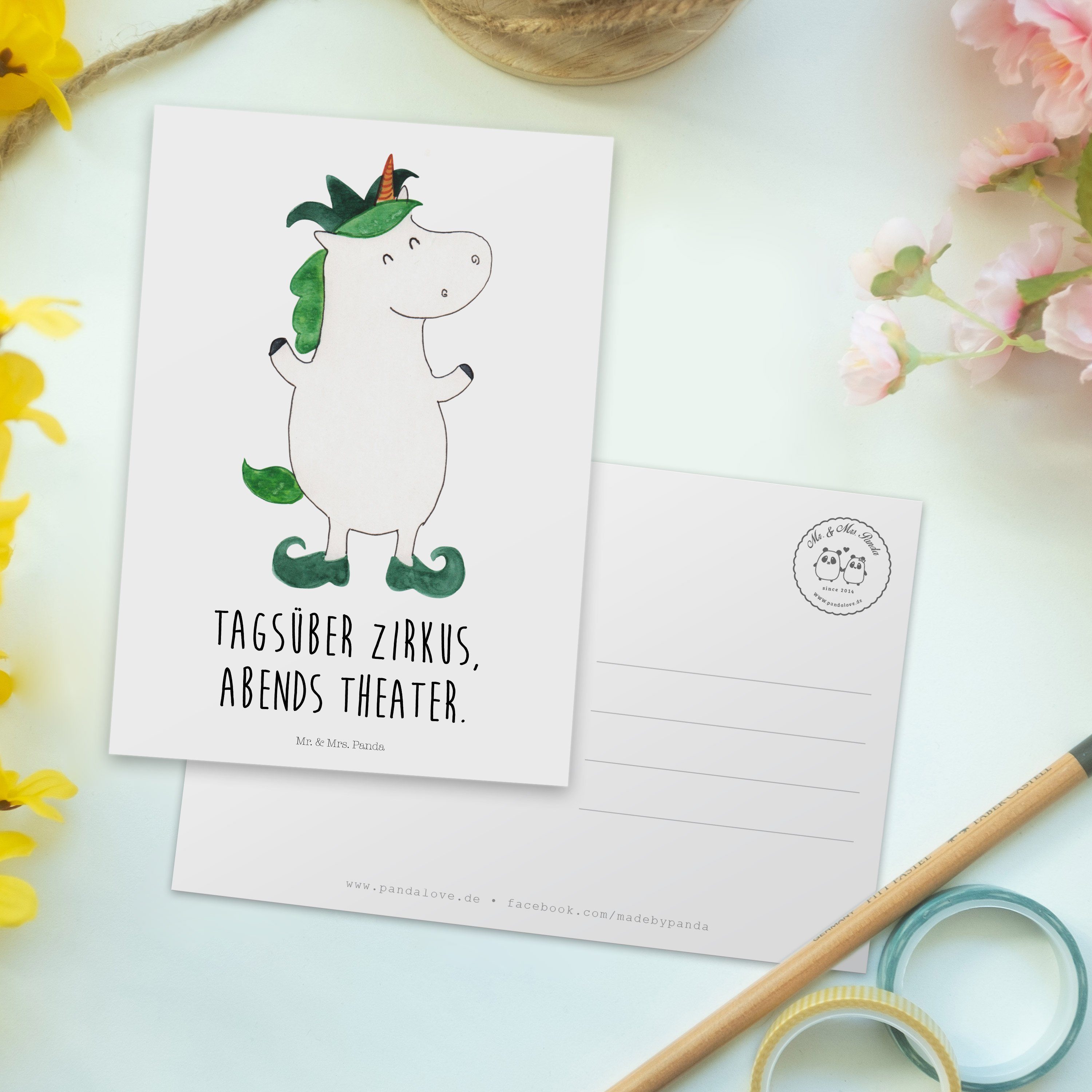 Mr. & Mrs. Panda Einhorn Kasper, Weiß Joker Postkarte Geschenk, - Grußkarte, - Pegasus Gaukler