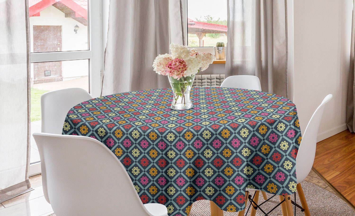 Abakuhaus Tischdecke Kreis Tischdecke Abdeckung für Esszimmer Küche Dekoration, Bunt Checkered Floral Retro