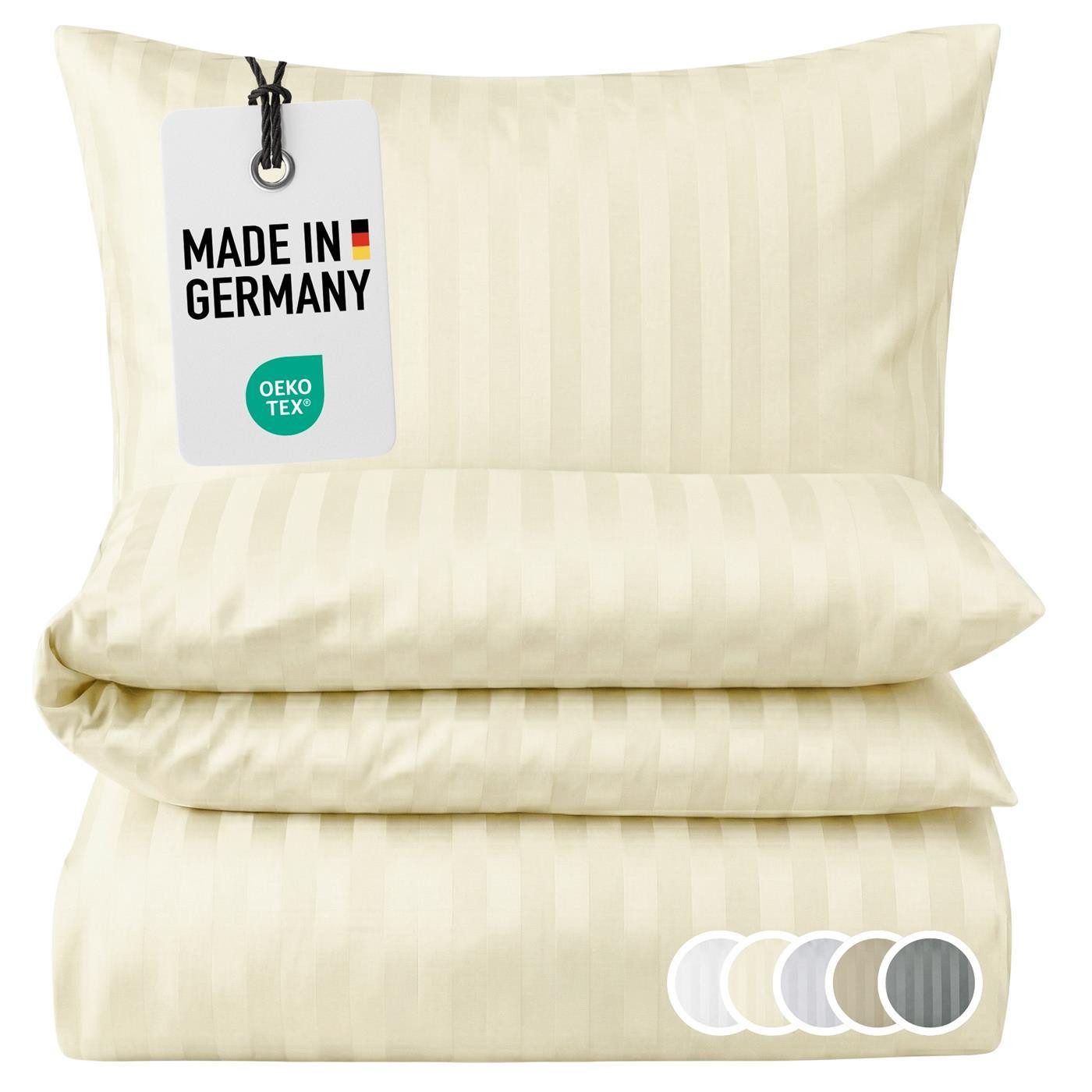Carpe Sonno Bettwäsche Damast 135x200 155x220 Hochwertige Hotel Baumwoll Bettwäsche gestreift, Damast, 2 teilig, Bettwaren Set 135 x 200 Bettbezug mit Reißverschluss - Creme