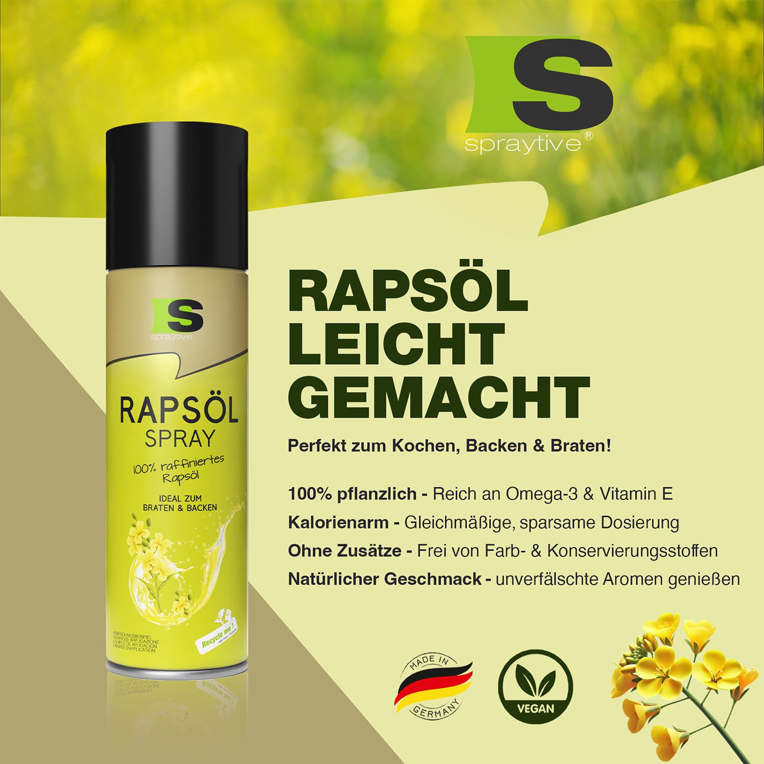 Spraytive Speiseöl 1 x 400ml Rapsöl Spray - Ölspray zum Kochen, Backen & für Salate, Made in Germany – Bild 2 von 5