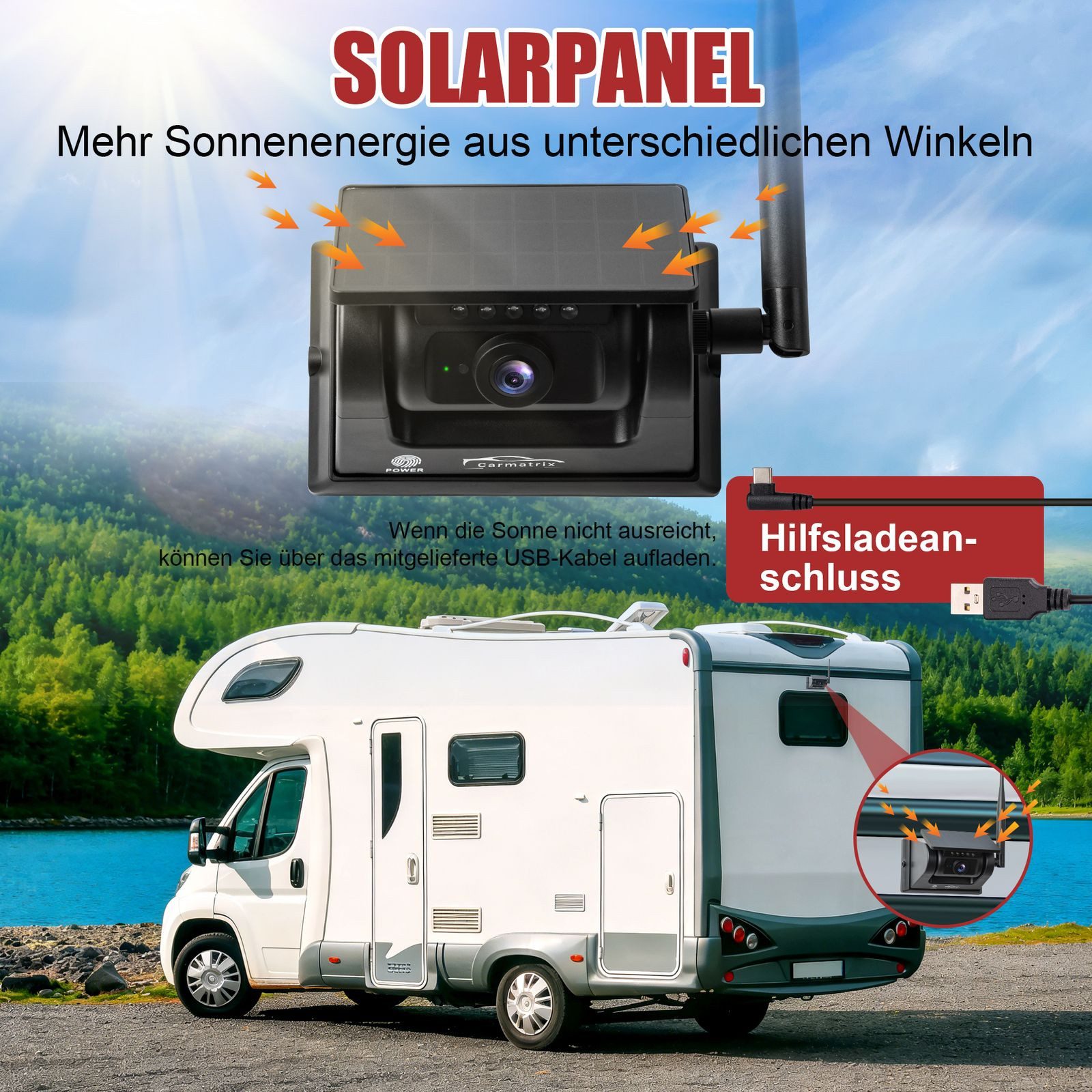 CARMATRIX D50E Solar KI Rückfahrsystem mit Magnet HD für Wohnmobil LKW mit App Rückfahrkamera (Solar WLAN Auto Wohnmobil Funk Rückfahrkamera HD Magnet Smartphon – Bild 2 von 5