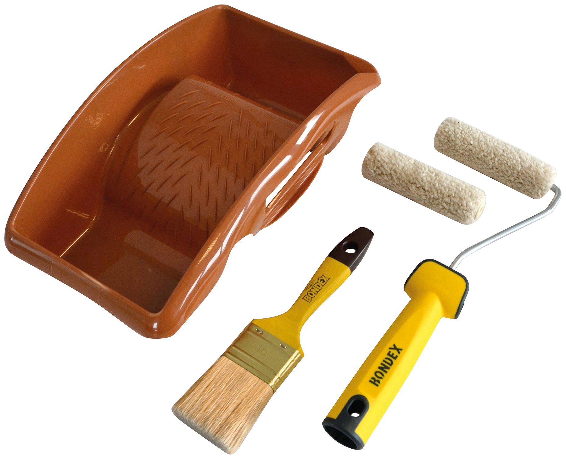 Bondex Malerset LASUR, 5-tlg., Flachpinsel, Borste, Rollerbügel, Farbwanne, 2 Lasurwalzen | Werkzeug-Sets