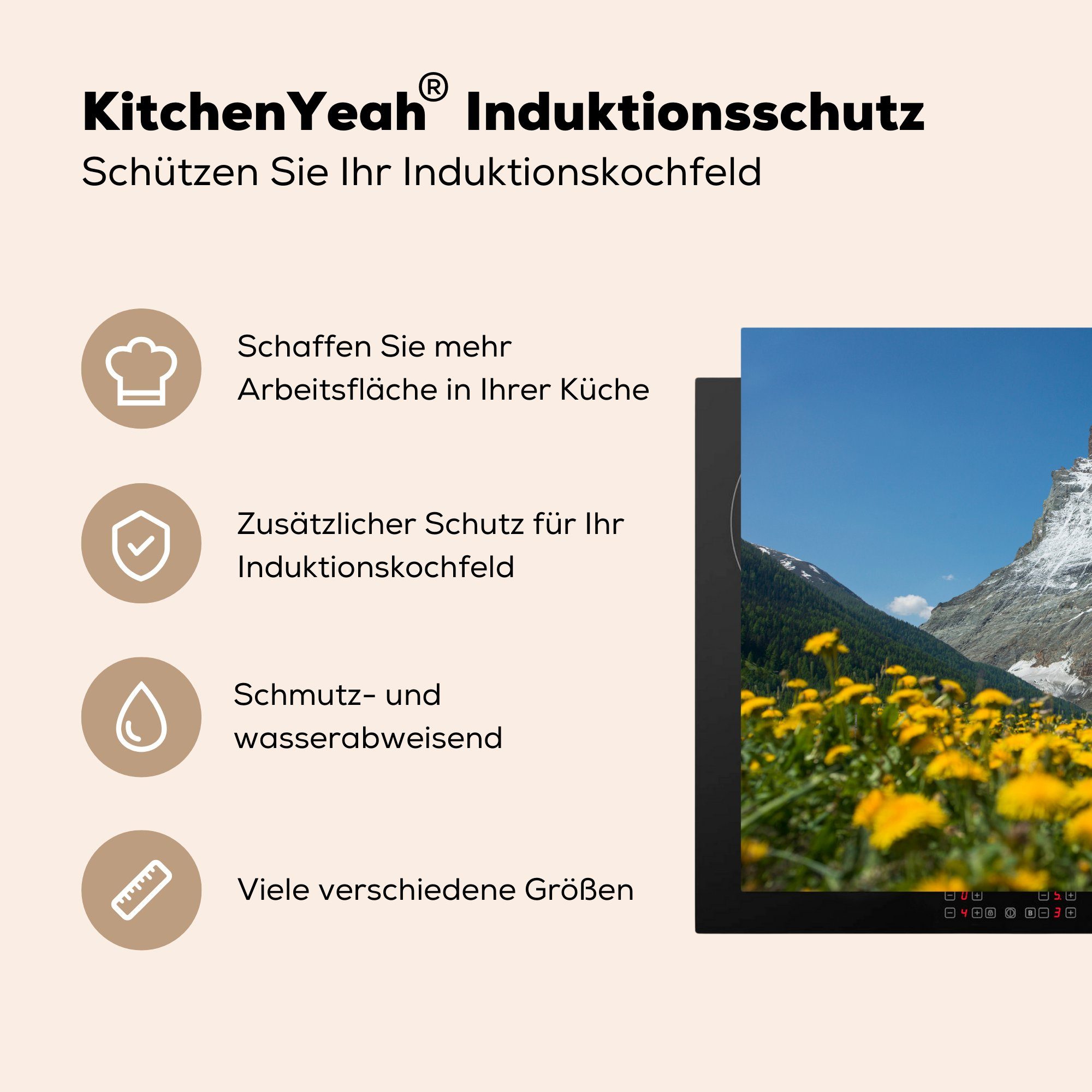 (1 Löwenzahnwiese, nutzbar, 70x52 Das über Matterhorn cm, MuchoWow der Mobile Vinyl, Schweiz tlg), einer Herdblende-/Abdeckplatte Ceranfeldabdeckung Arbeitsfläche in