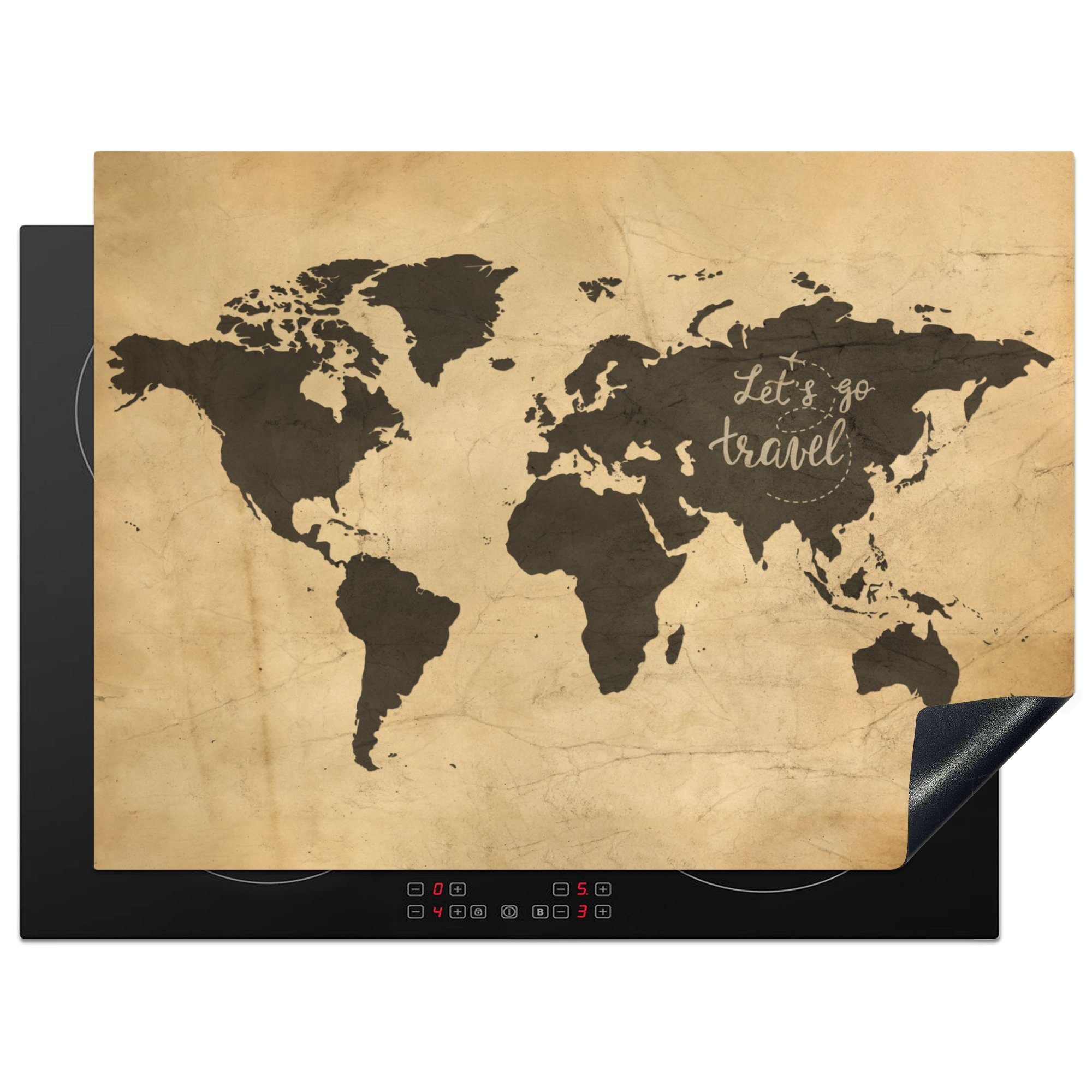 MuchoWow Herdblende-/Abdeckplatte Weltkarte - Reisen - Vintage, Vinyl, (1 tlg), 71x52 cm, Induktionskochfeld Schutz für die küche, Ceranfeldabdeckung
