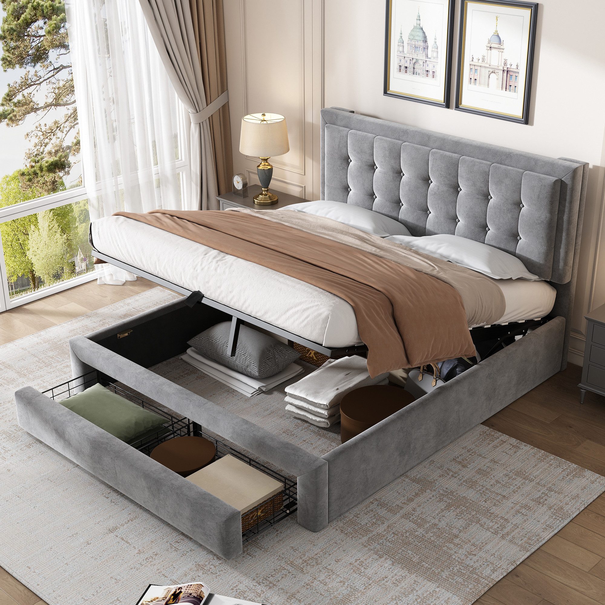 Odikalo Stauraumbett Polsterbett Lattenrost Kopfteil 2 Schubladen Beige/Grau 140/160/180 cm