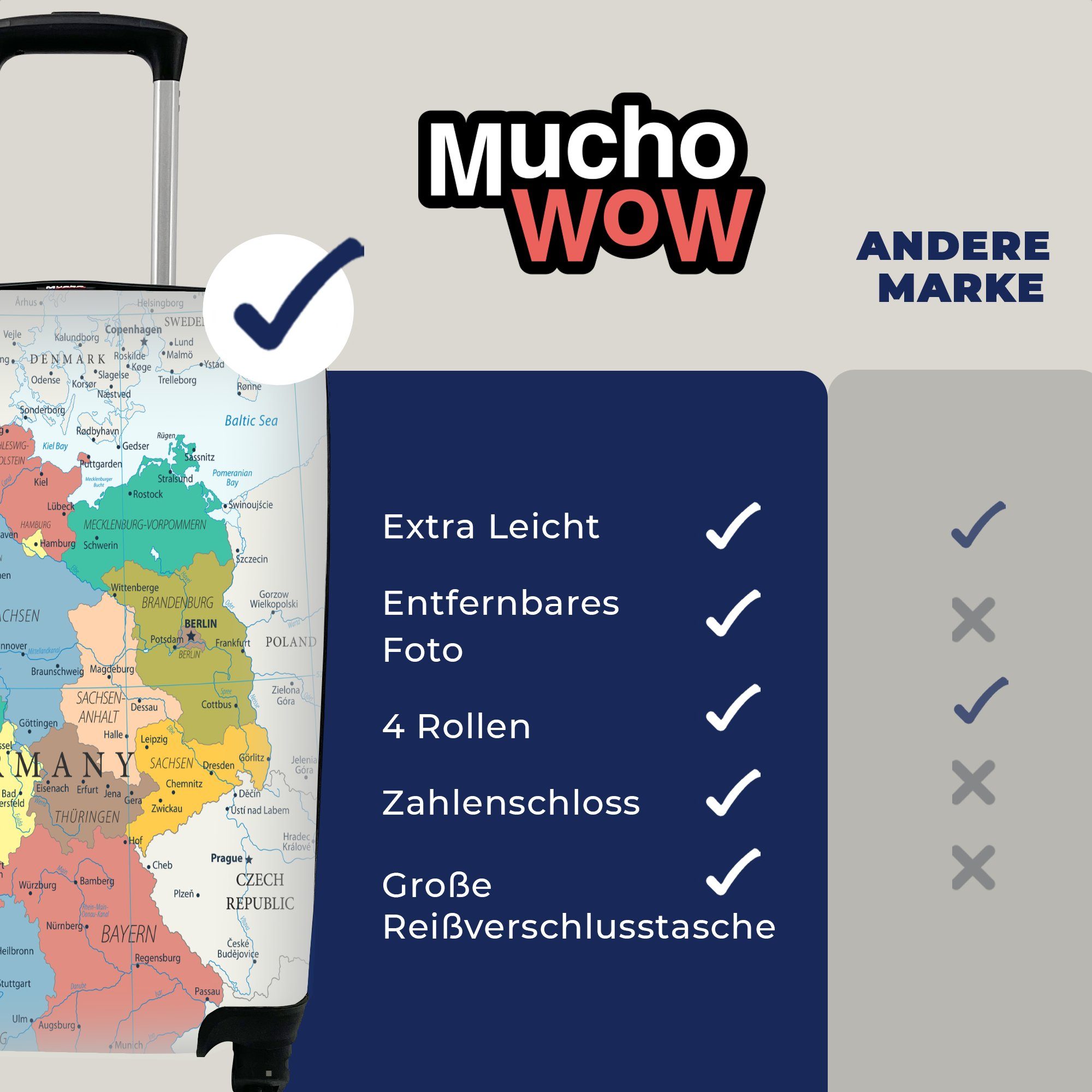 MuchoWow Handgepäckkoffer Detaillierte Rollen, Trolley, Ferien, für Deutschland, rollen, von Reisekoffer mit Karte 4 Reisetasche Handgepäck