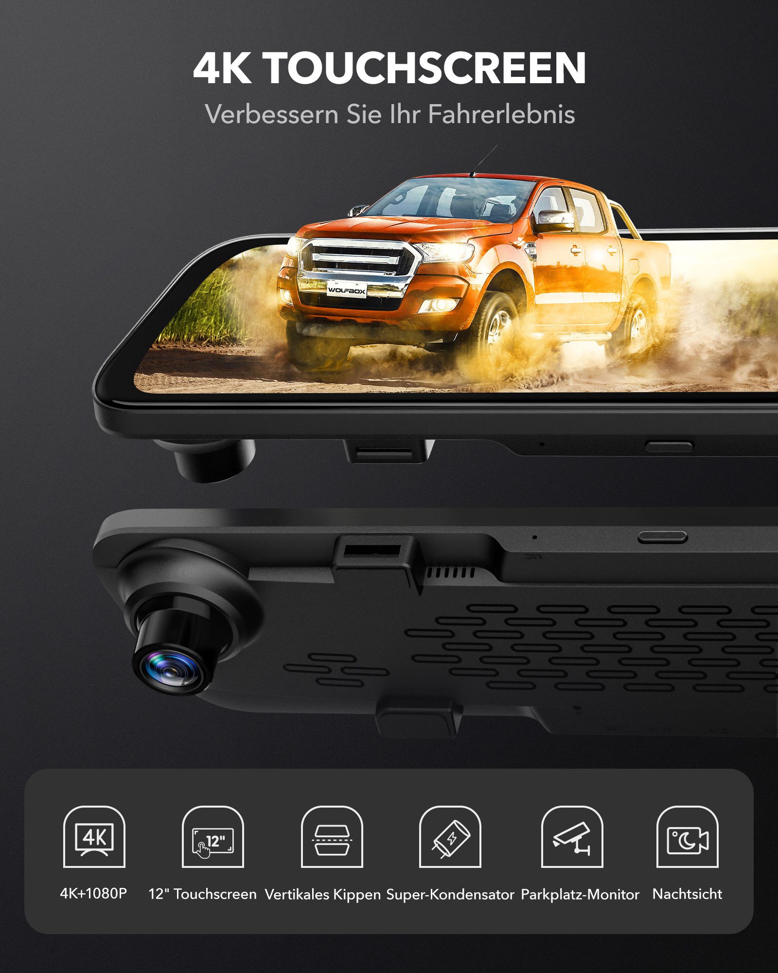 WOLFBOX Super-Nachtsicht Spiegel Dashcam (mit Vertikales Schwenken & Spiegelschwenken, mit 32 GB-Karte, GPS, 24-Stunden-Überwachung)