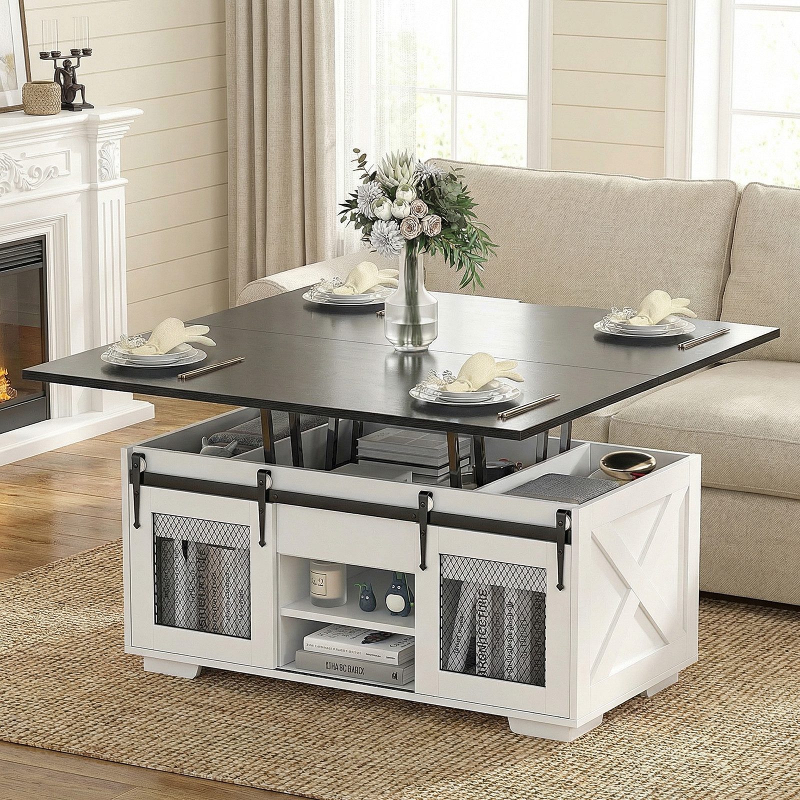 VOWNER Couchtisch mit klappbarer Tischplatte, Höhenverstellung & Stauraum (1-St), 3-in-1-Multifunktions-Wohnzimmertisch