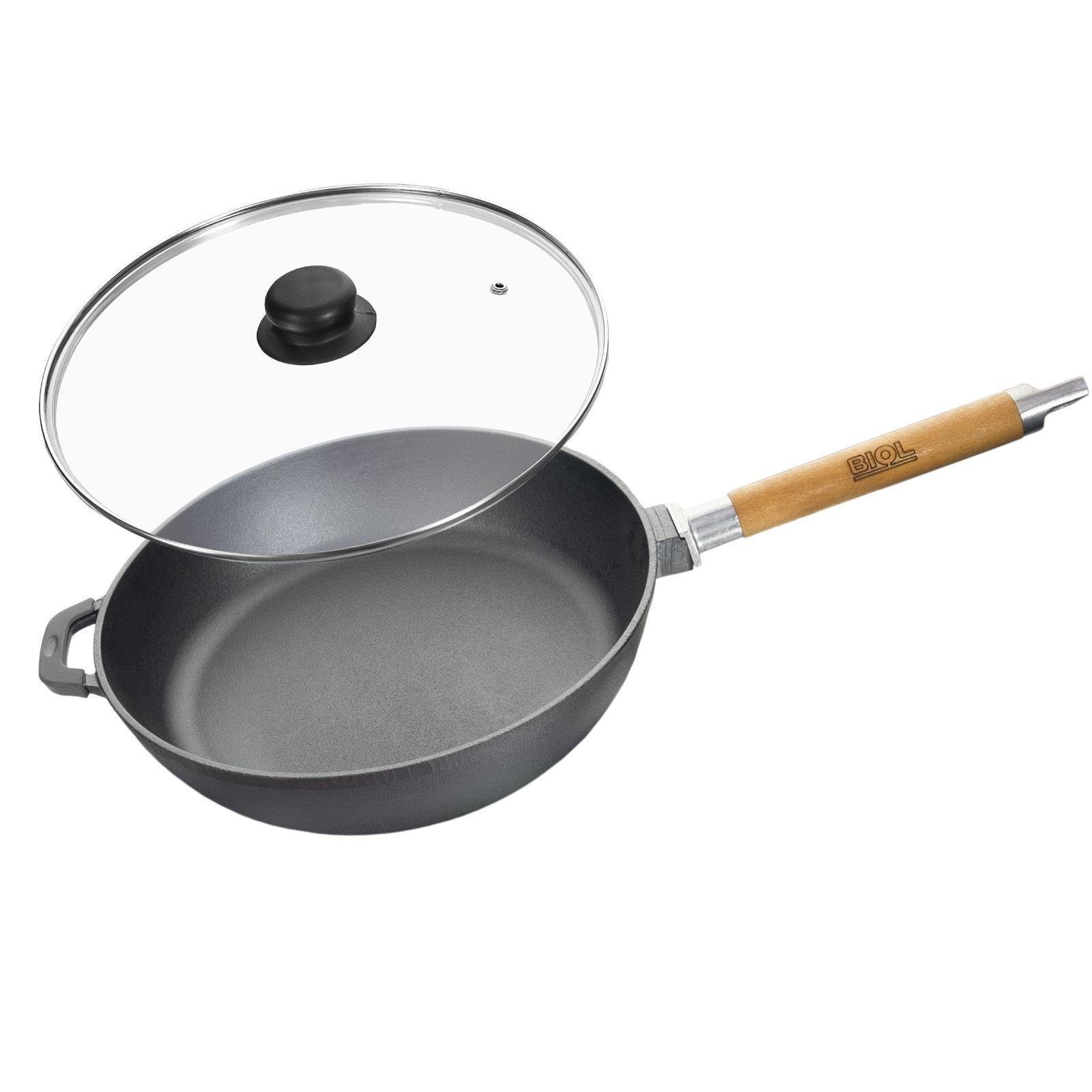 BIOL Bratpfanne Gusseisenpfanne 28 cm Gußeisenpfanne tief Pfanne, Gusseisen (Spar-Set), abnehmbarer Griff, Induktion