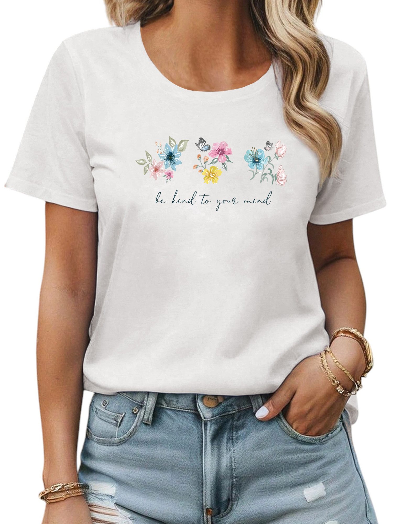 PYLIKE Kurzarmbluse Damen Frühling Casual Bequemes T-Shirt mit Blumen Print Tee