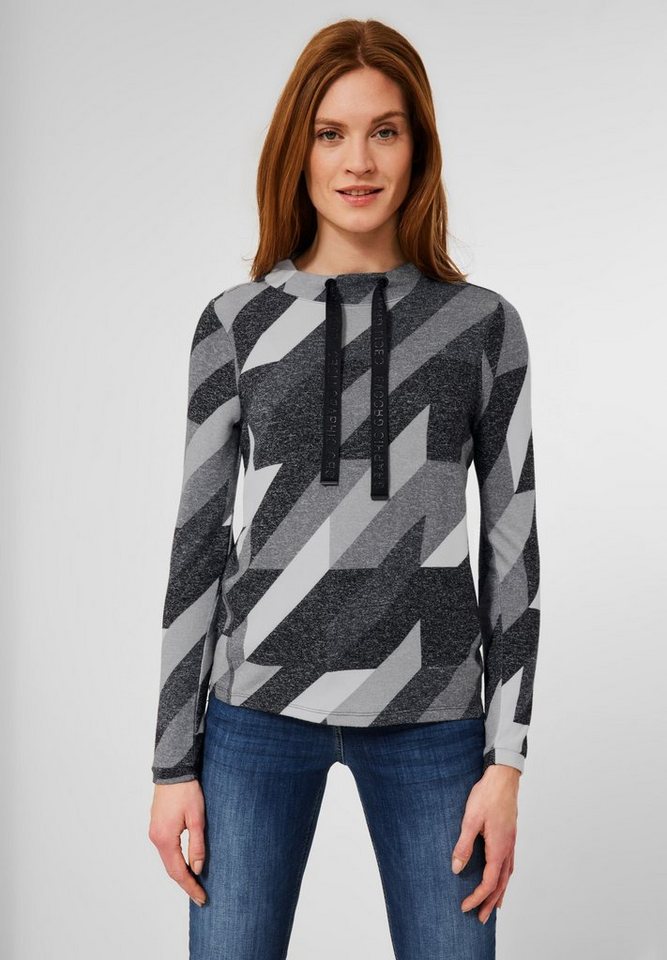 Cecil Langarmshirt Cecil Cosy Shirt mit Stehkragen in Graphite Grey M  (1-tlg) Tunnelzugbändchen, Basic Langarmshirt von CECIL, Damenshirt in  einer Melangeoptik mit Grafikprint