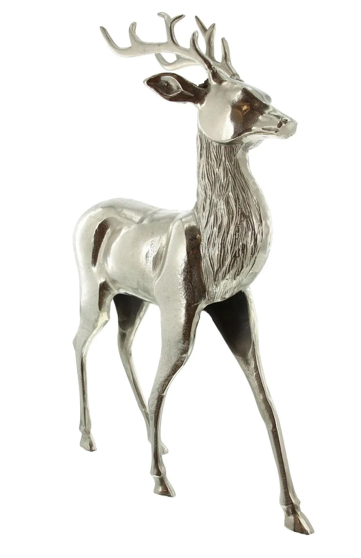 Dekoleidenschaft Dekofigur "Hirsch" Aluminium Figur, edle Skulptur, 65 cm hoch, Weihnachtsdeko, silber glänzend, Tierfigur stehend, Wohnzimmer Deko