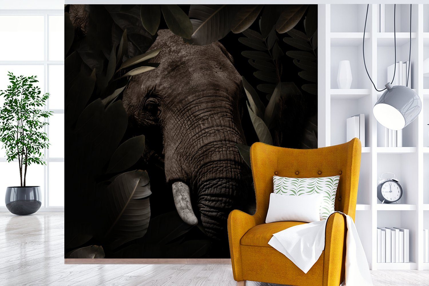 MuchoWow Fototapete Elefant - Botanisch, bedruckt, Blätter - für oder Schlafzimmer, Wandtapete St), Tapete Tiere - (5 Vinyl Matt, Wohnzimmer