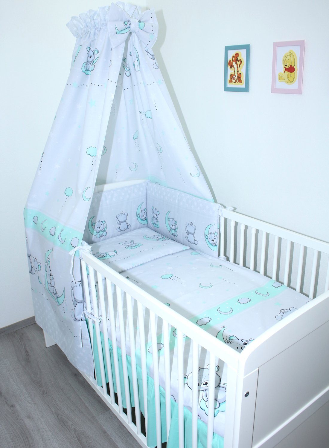 Babybettwäsche Baby Bettset- 6 teiliges Set mit Vollstoff Himmel Bettwäsche Nestchen