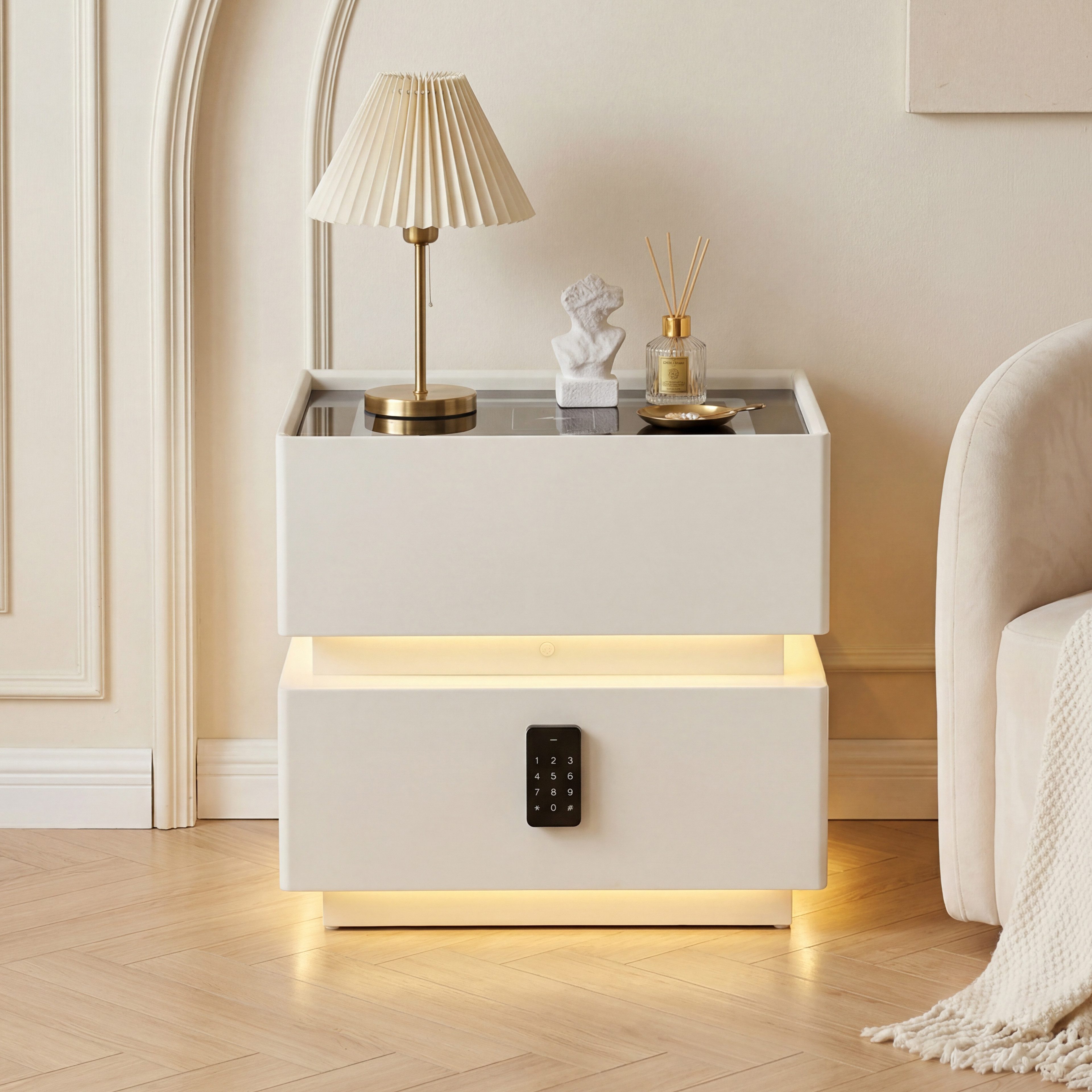 oyajia Nachttisch Beistelltisch mit LED-Beleuchtung und 15W Kabelloses Laden (Nachttisch mit 2USB + Type-C, Beistelltisch, 2 Schubladen, modern), für modernes Schlafzimmerdesign