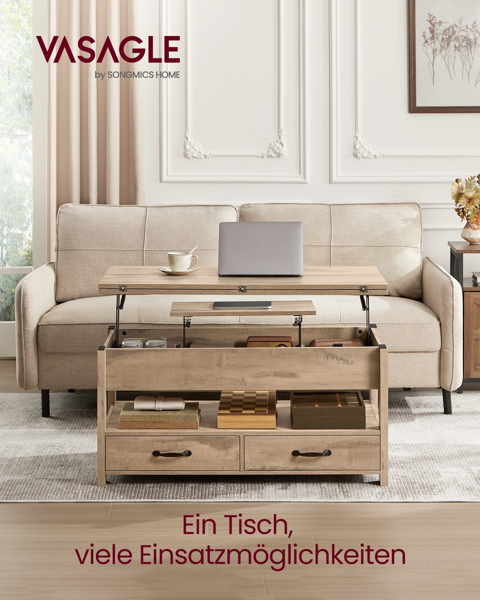 VASAGLE Couchtisch höhenverstellbar, Wohnzimmertisch, viel Stauraum, rechteckig (Doppel-Hebemechanismus, inkl. Zubehörpaket & Anleitung), braun, aufklappbar, Multifunktion, modern