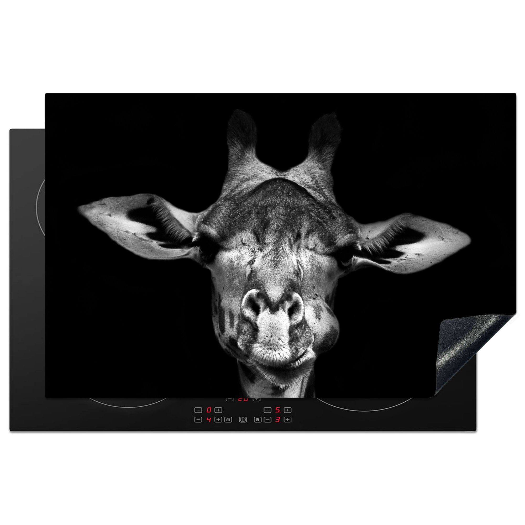 MuchoWow Herdblende-/Abdeckplatte Giraffe - Porträt - Tiere - Schwarz - Weiß, Vinyl, (1 tlg), 81x52 cm, Ceranfeldabdeckung, Arbeitsplatte für küche