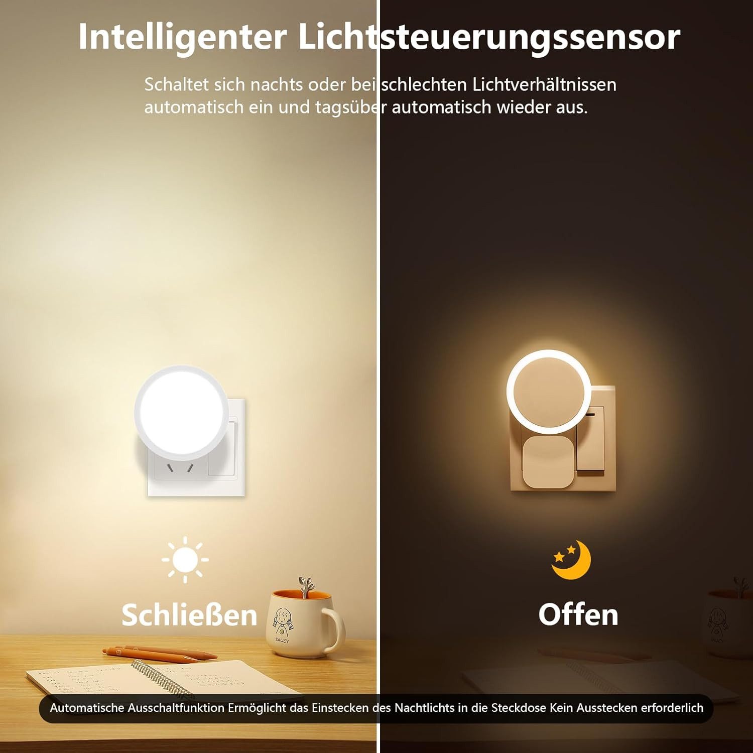 Fyrove Nachttischlampe Dimmbares Steckdosen‑Nachtlicht mit Dämmerungssensor, LED fest integriert, Nachtlampe Einstellbare Helligkeit, stufenlose Helligkeitsregelung,energiesparend,Dämmerungssensor