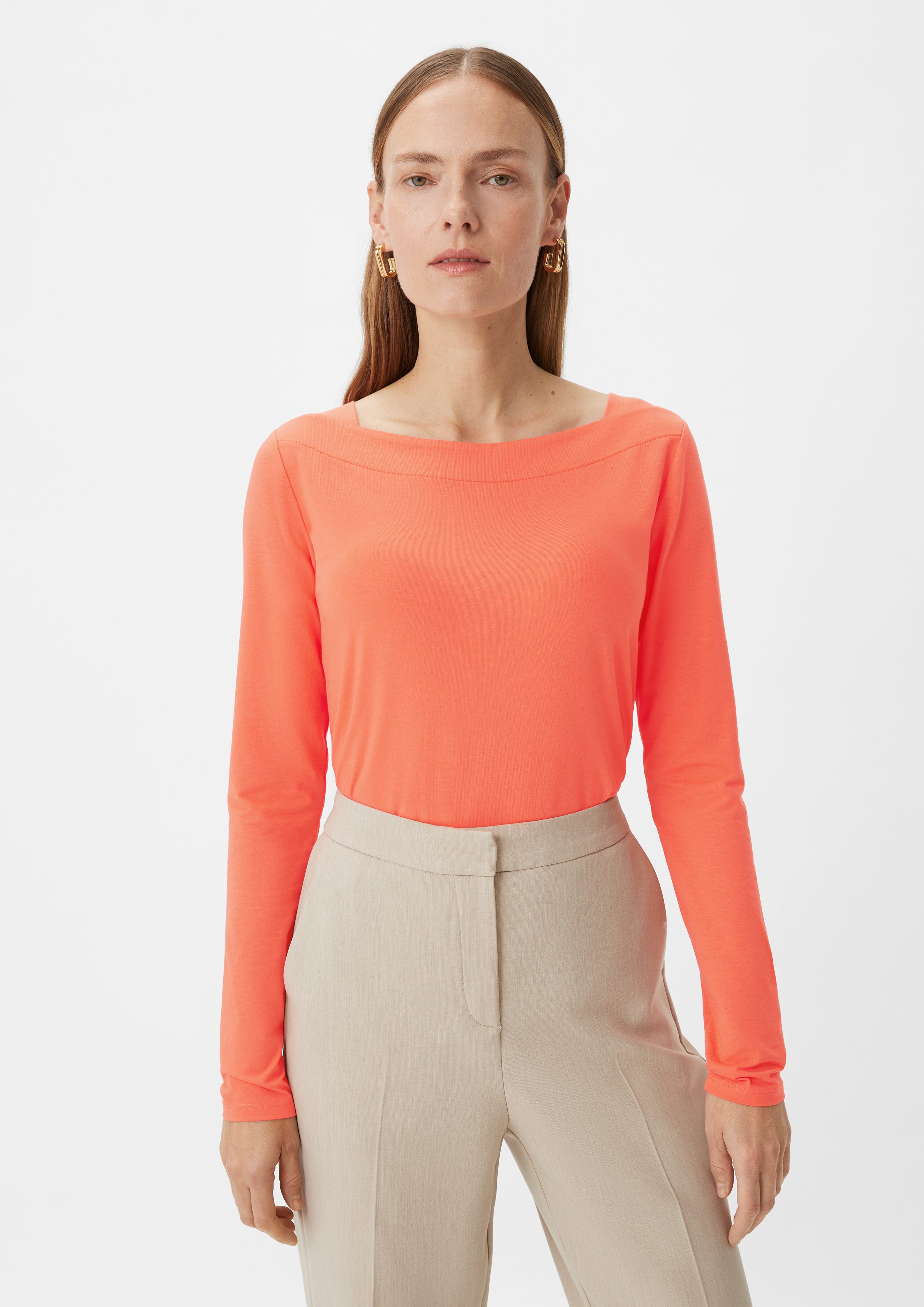 eckigem mit Longsleeve Comma orange Langarmshirt Ausschnitt