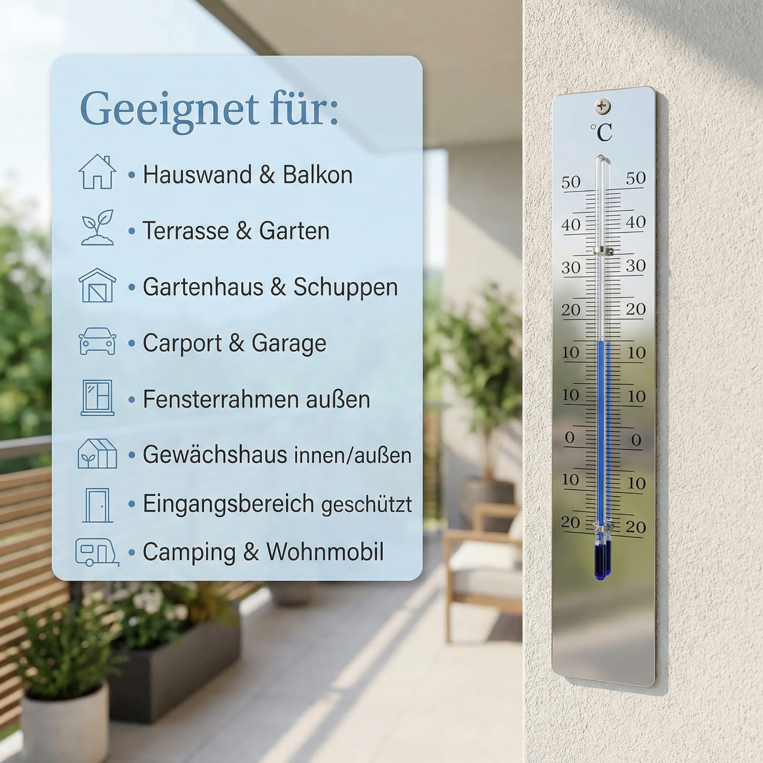 Lantelme Gartenthermometer Edelstahl 28cm Außen Innen Garten Thermometer Temperaturmesser Metall, 1-tlg., Edelstahl poliert Ultradünn mit Glassäule nur 0,9cm, Temperaturanzeige Analog -20 bis 50°C, auch für Innen