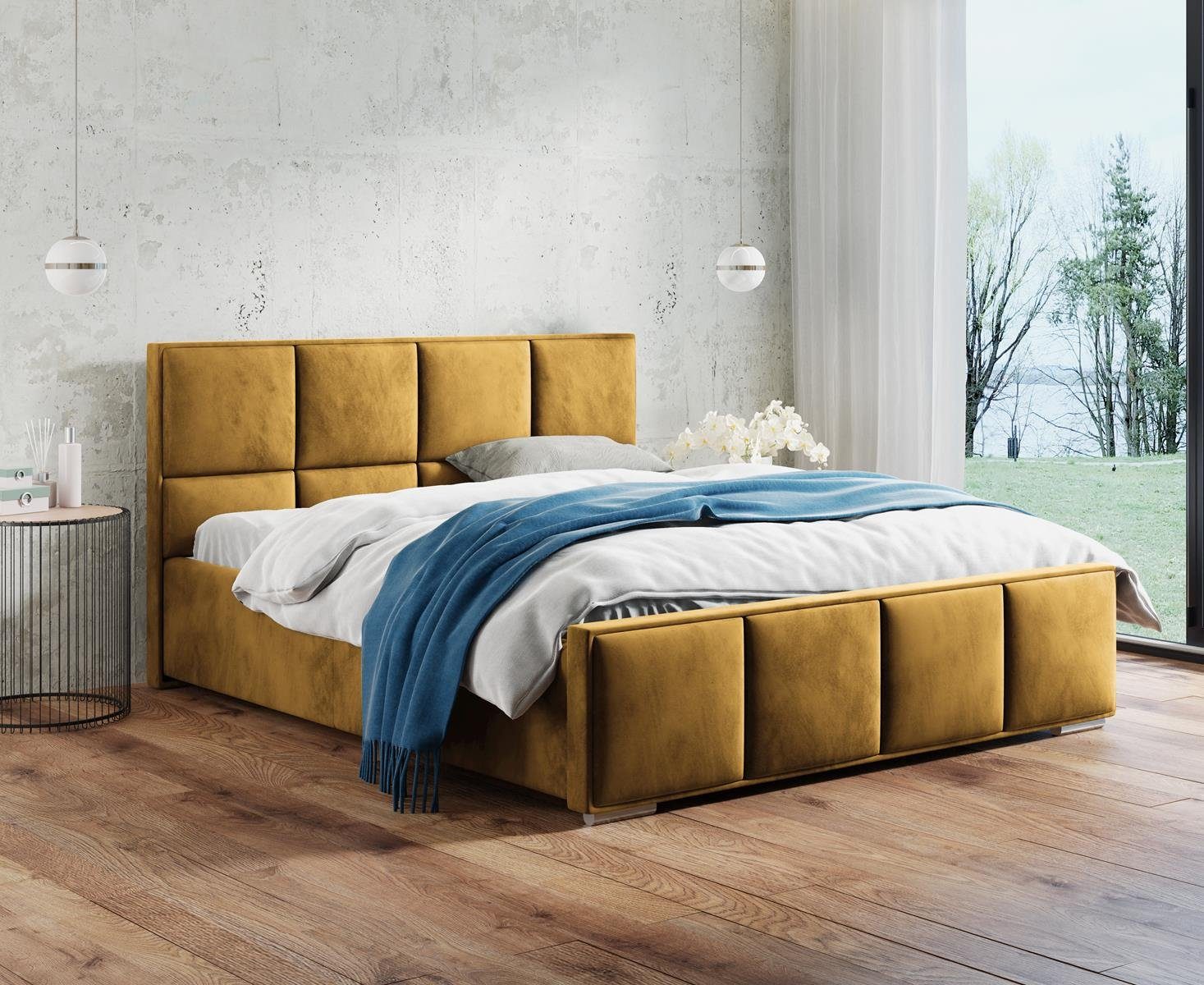 Beautysofa Polsterbett Quatro (140 / 160 / 180 cm), Metallgestell, Bett mit Kopfteil, große Bettkasten, Gashebebühne Senfgelb (kronos 01)