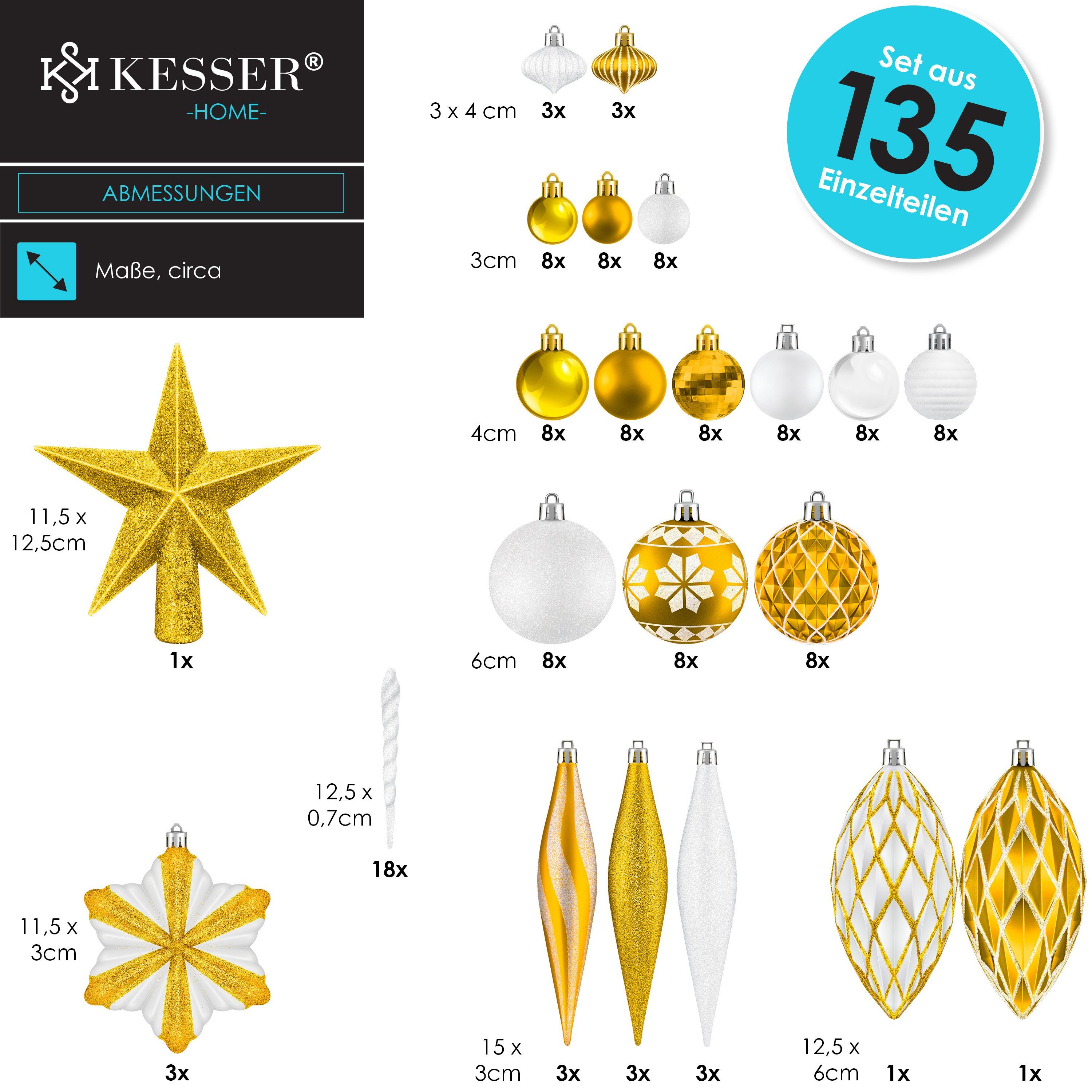 weiß gold Christbaumkugeln (135-tlg), / Set Christbaumschmuck Baumspitze KESSER Weihnachtskugeln 105-teiliges