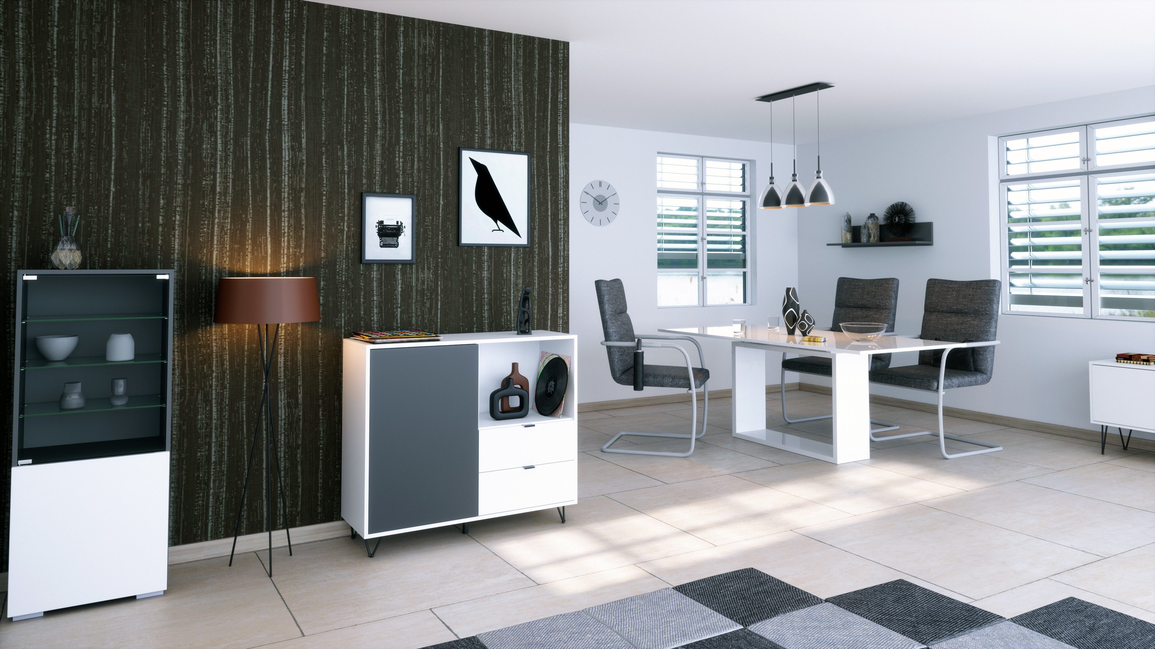 Vladon Kommode Marino (Kommode mit 1 Tür Anthrazit matt, 2 Schubladen Weiß matt, inkl. LED, Made in Germany), Korpus Weiß matt (103 x 90,5 x 37 cm)