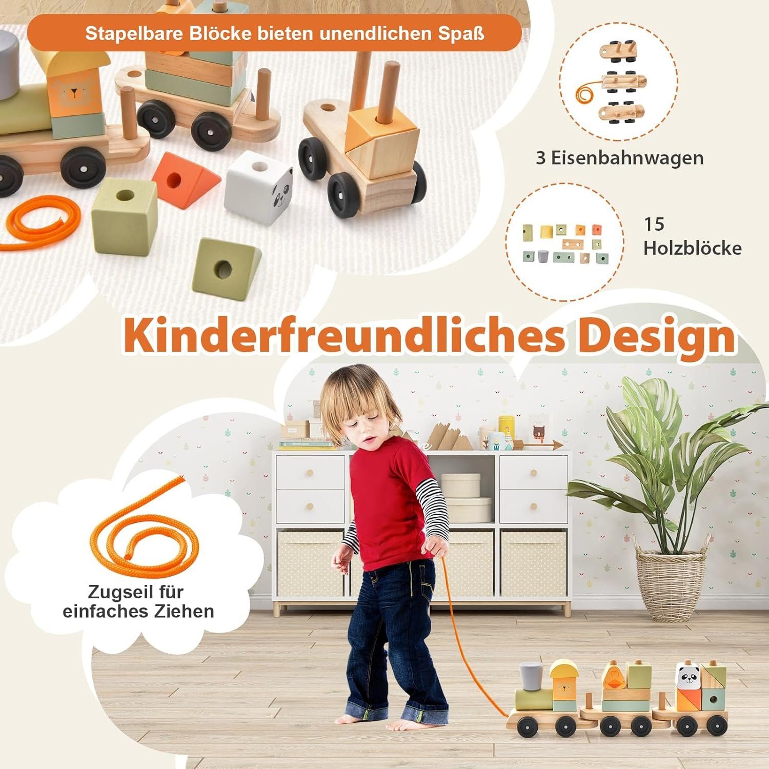 KOMFOTTEU Spielzeugeisenbahn-Set, mit Lokomotive, Tieren & stapelbaren Holzklötzen